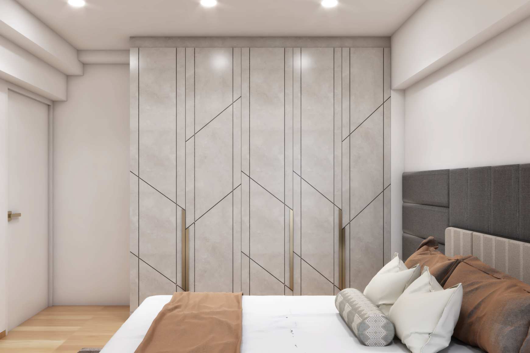 Grey Spacious Wardrobe Design With Brass Handles | Livspace