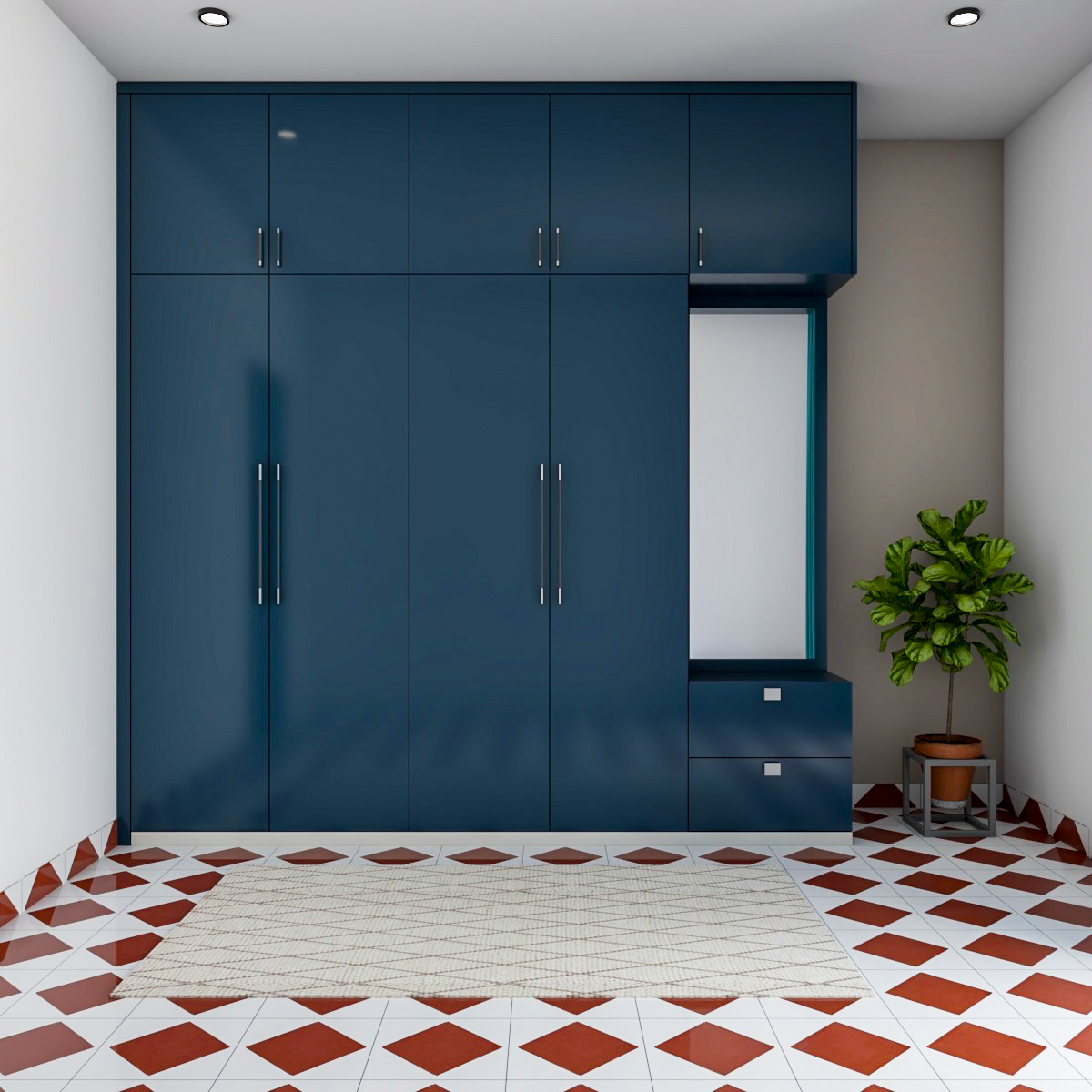 Spacious Blue Wardrobe Design With Patterned Flooring Livspace