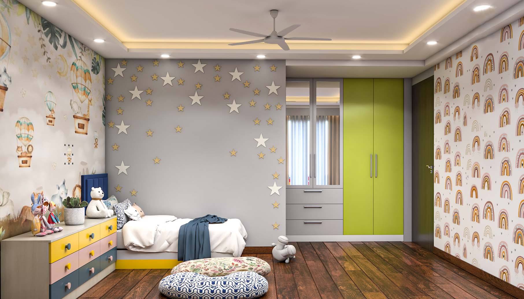 Modern Wardrobe Design With Mirror In Lime Green And Grey | Livspace
