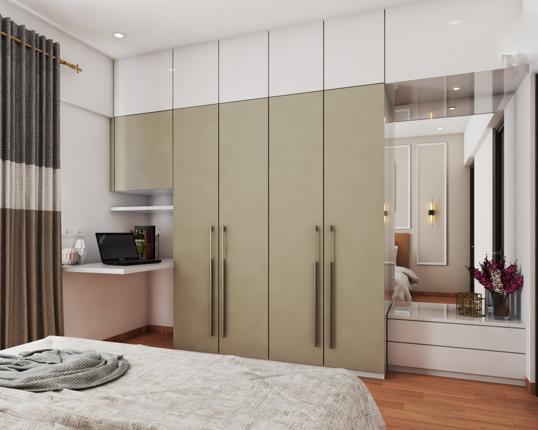 Contemporary Wardrobe Design With Attached Study And Mirror | Livspace