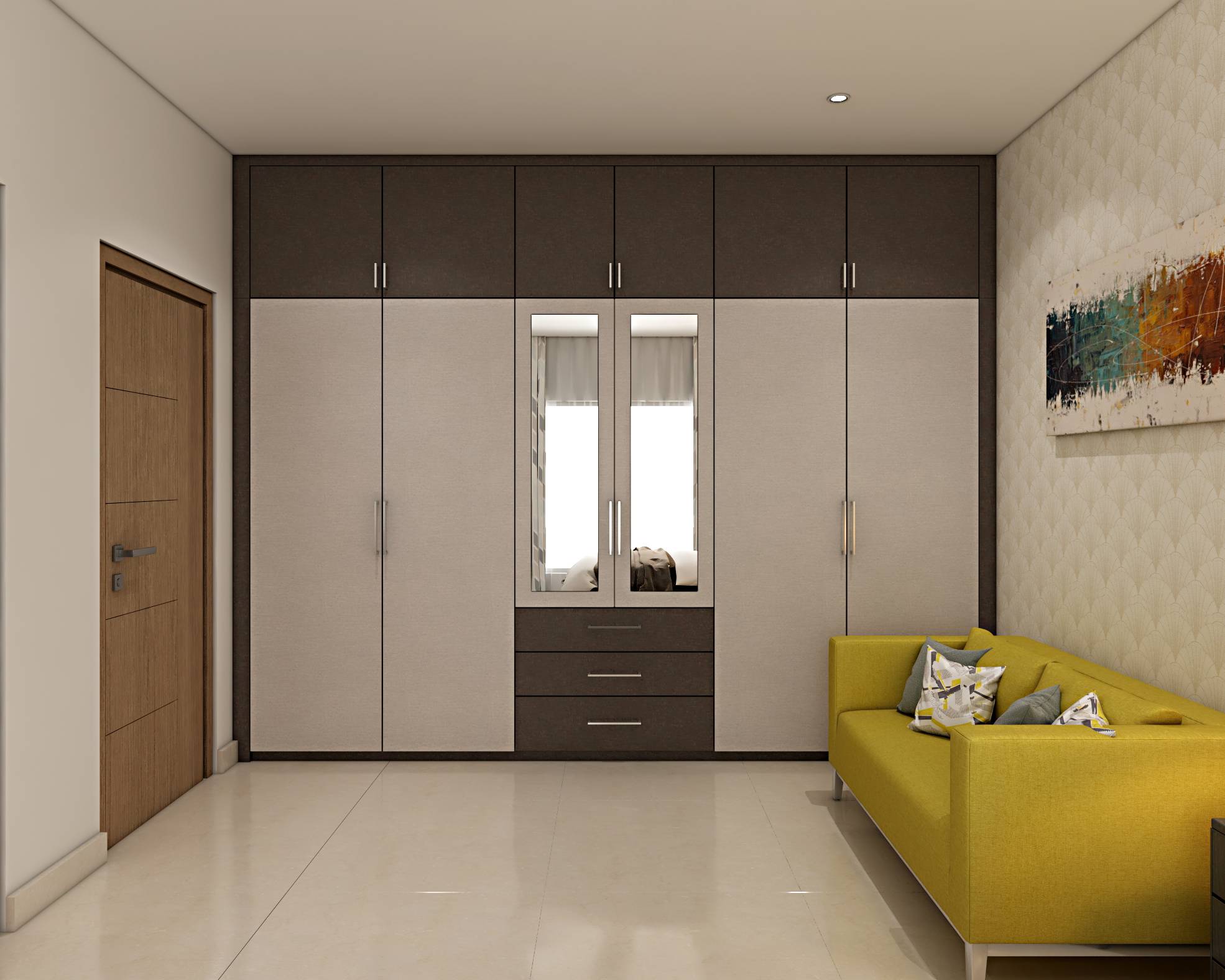 Contemporary Beige And Brown Wardrobe Design With Mirror | Livspace