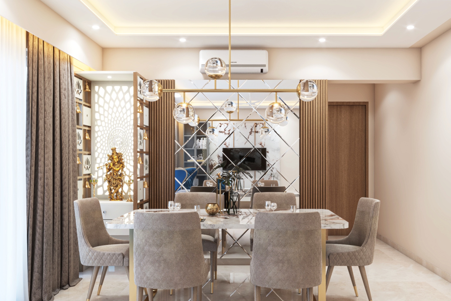 6-Seater Dining Room Design With Mirror Panel Wall And Integrated Pooja ...