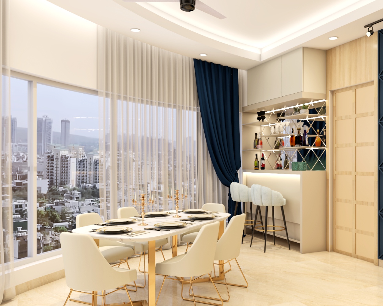 All-White 6-Seater Dining Room Design With Integrate Bar Unit - 14x13 ...