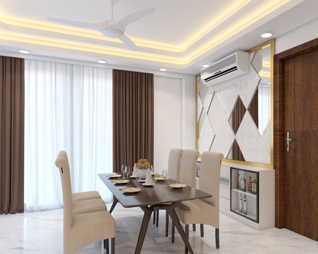 Wood And Beige 6-Seater Dining Room Design With Mirrored Wall Panel ...