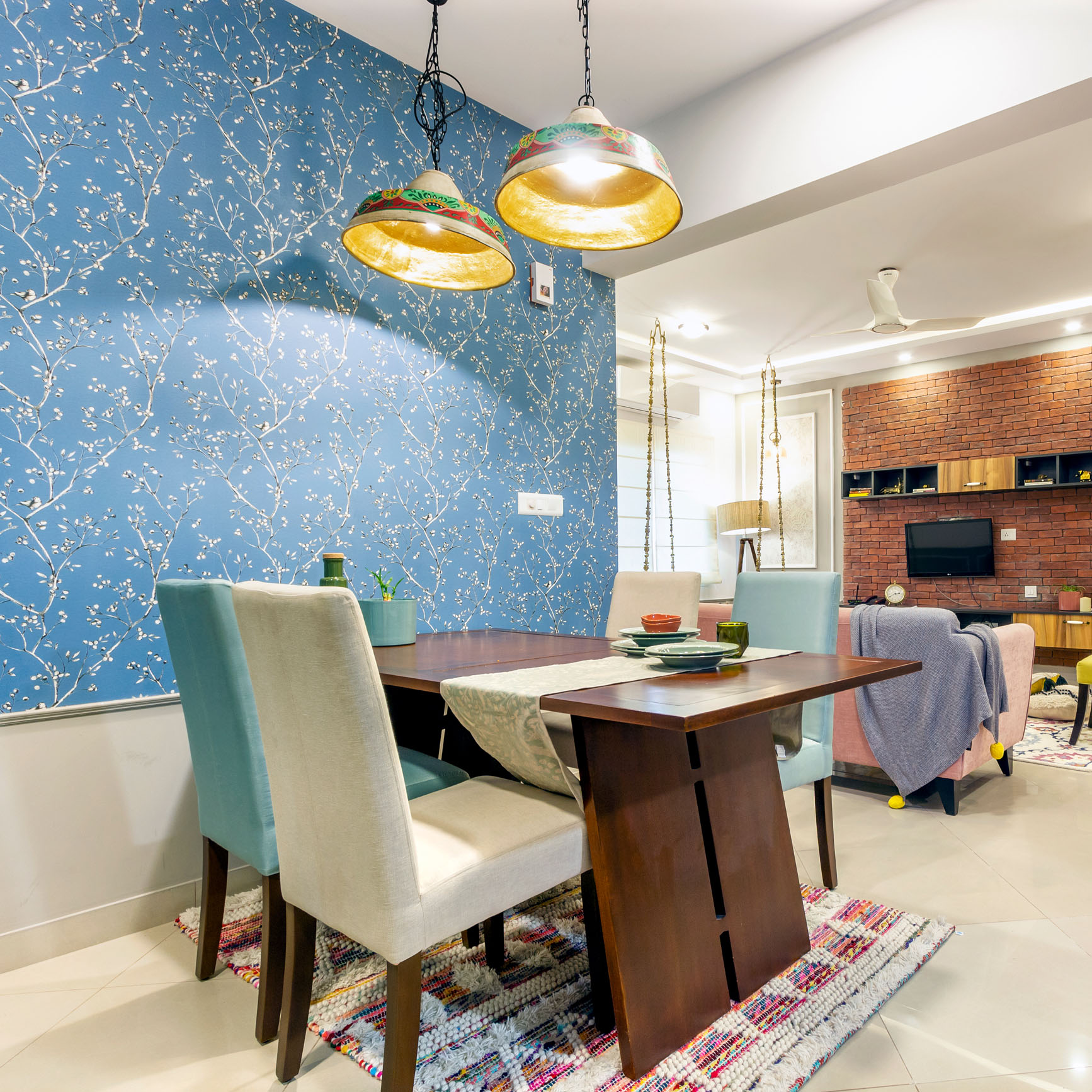 Wooden 4-Seater Dining Room Design With Blue Floral Wallpaper - 7x9 Ft ...