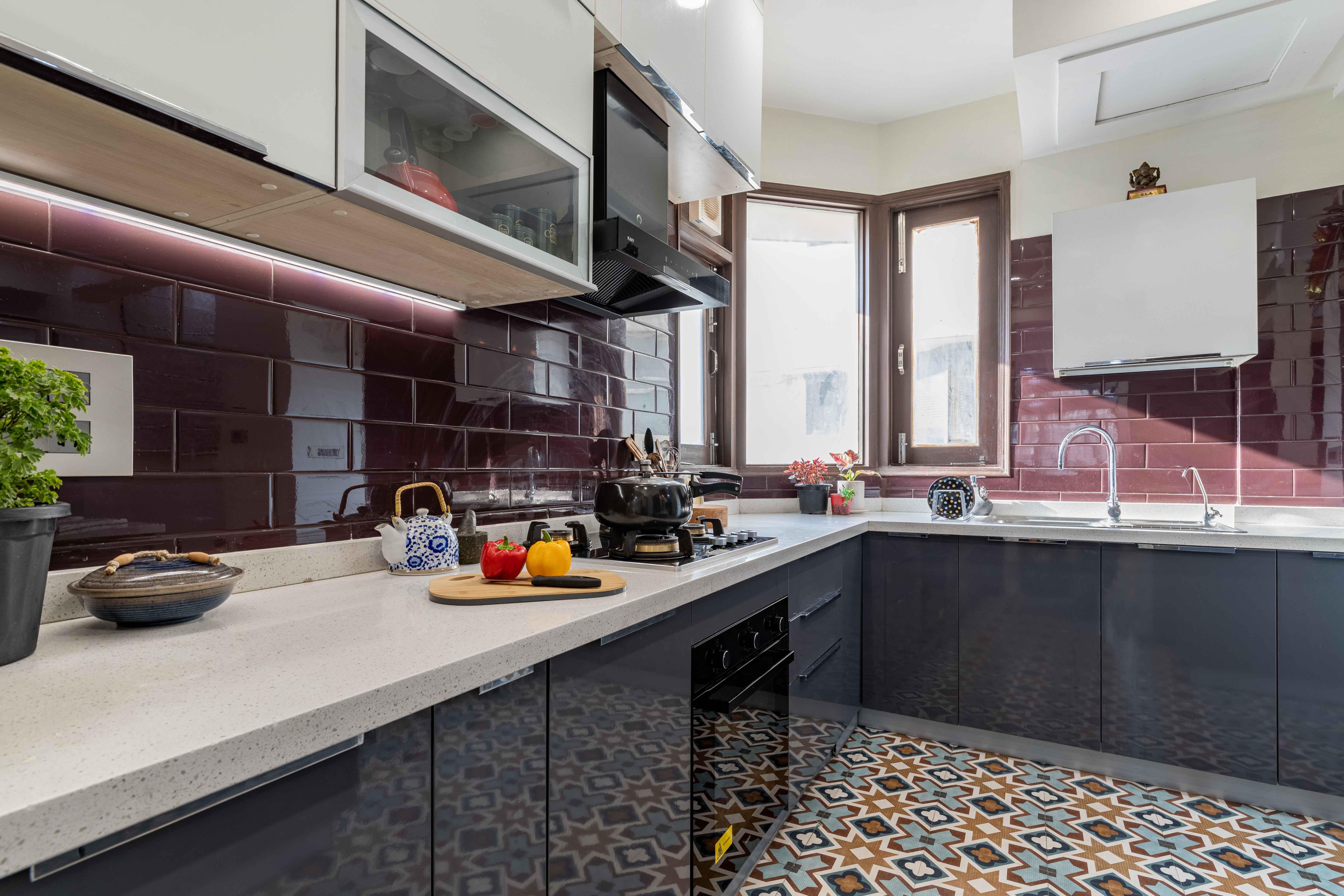 Contemporary L-Shape Modular Kitchen Design with Dark Grey Base and ...