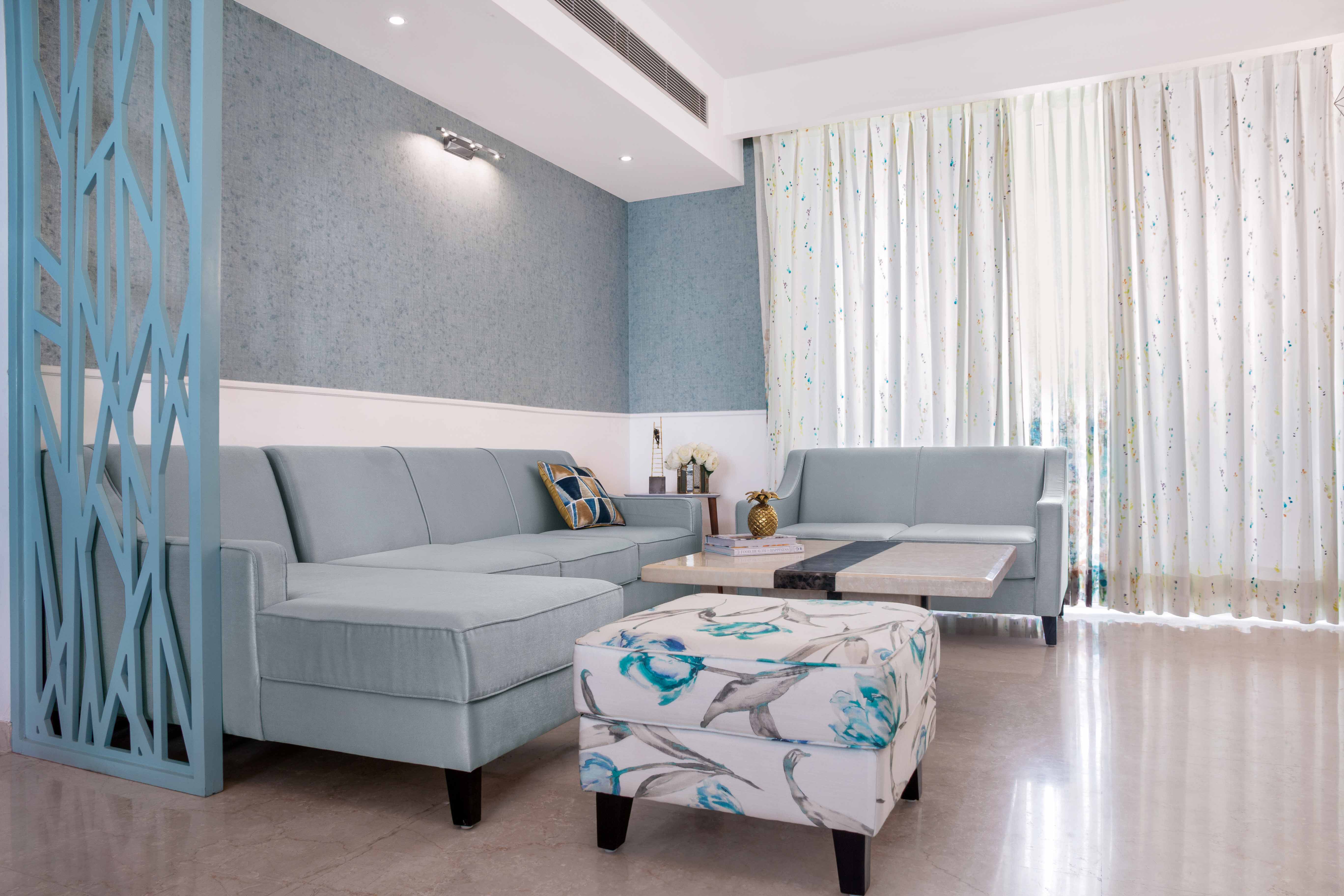 Blue Living Room Design With Blue Textured Wall Paint - 12x9 Ft | Livspace