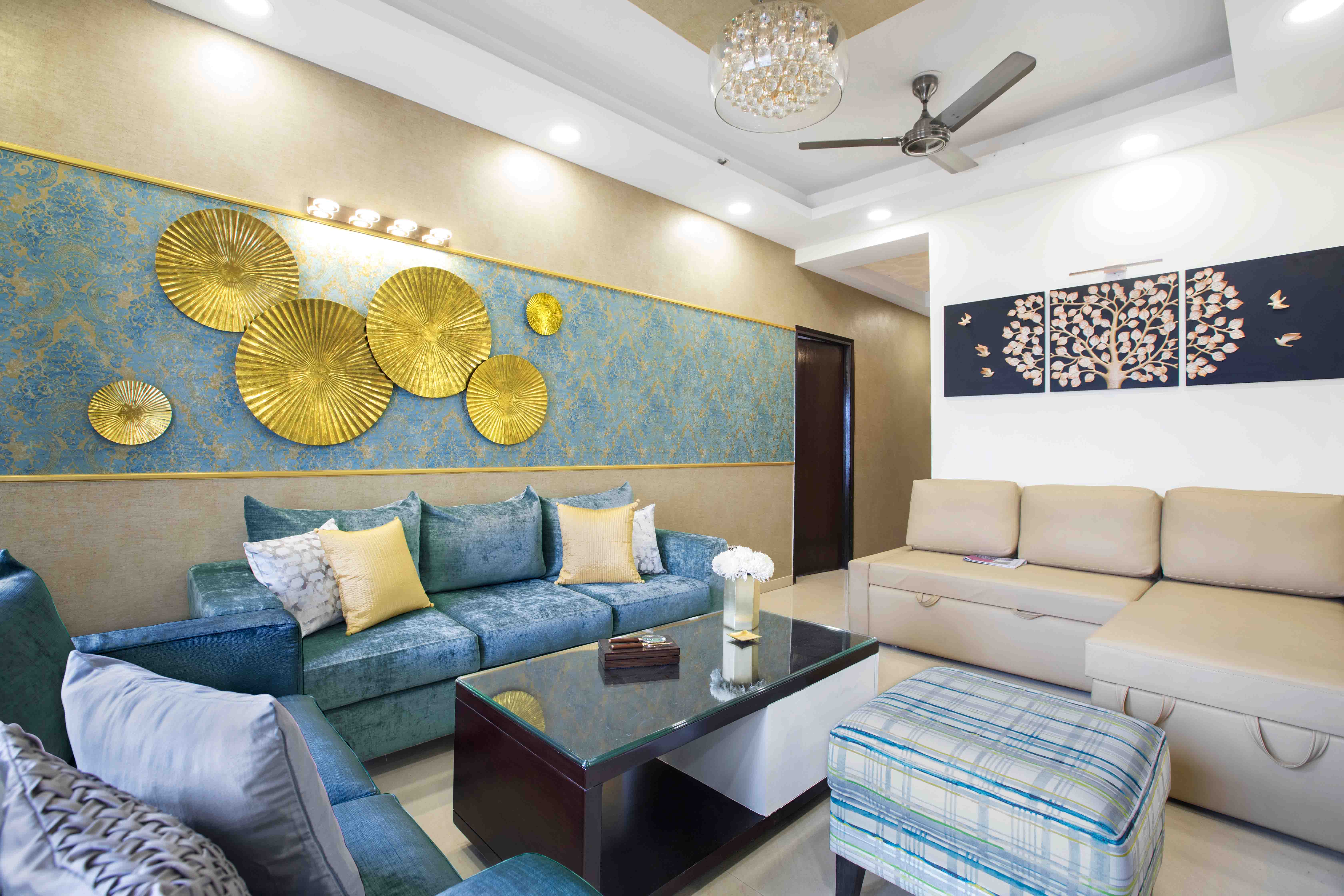Living Room Design With Blue And Beige Sofas - 12x9 Ft | Livspace
