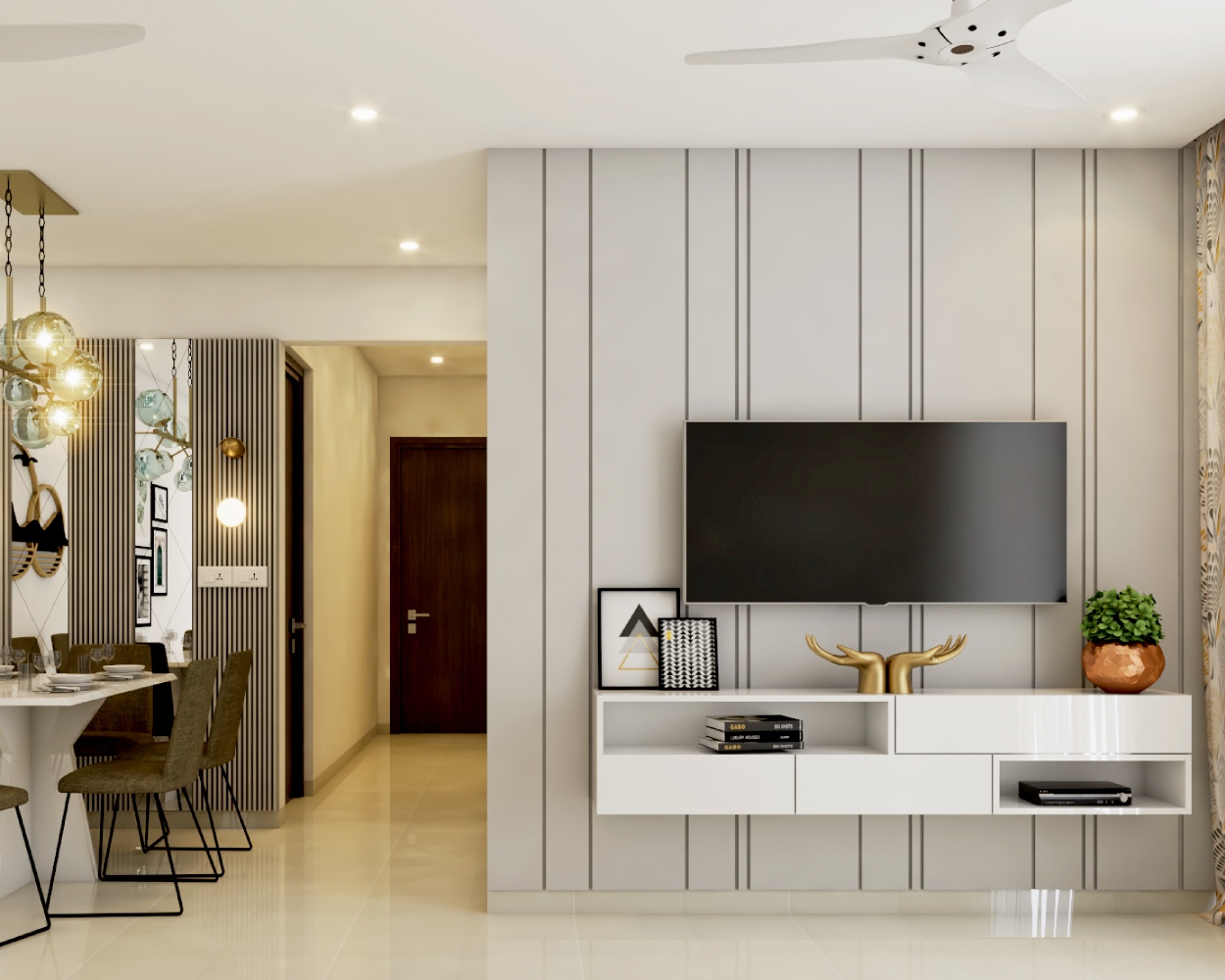 Modern White Glossy TV Unit with Open and Closed Storage | Livspace