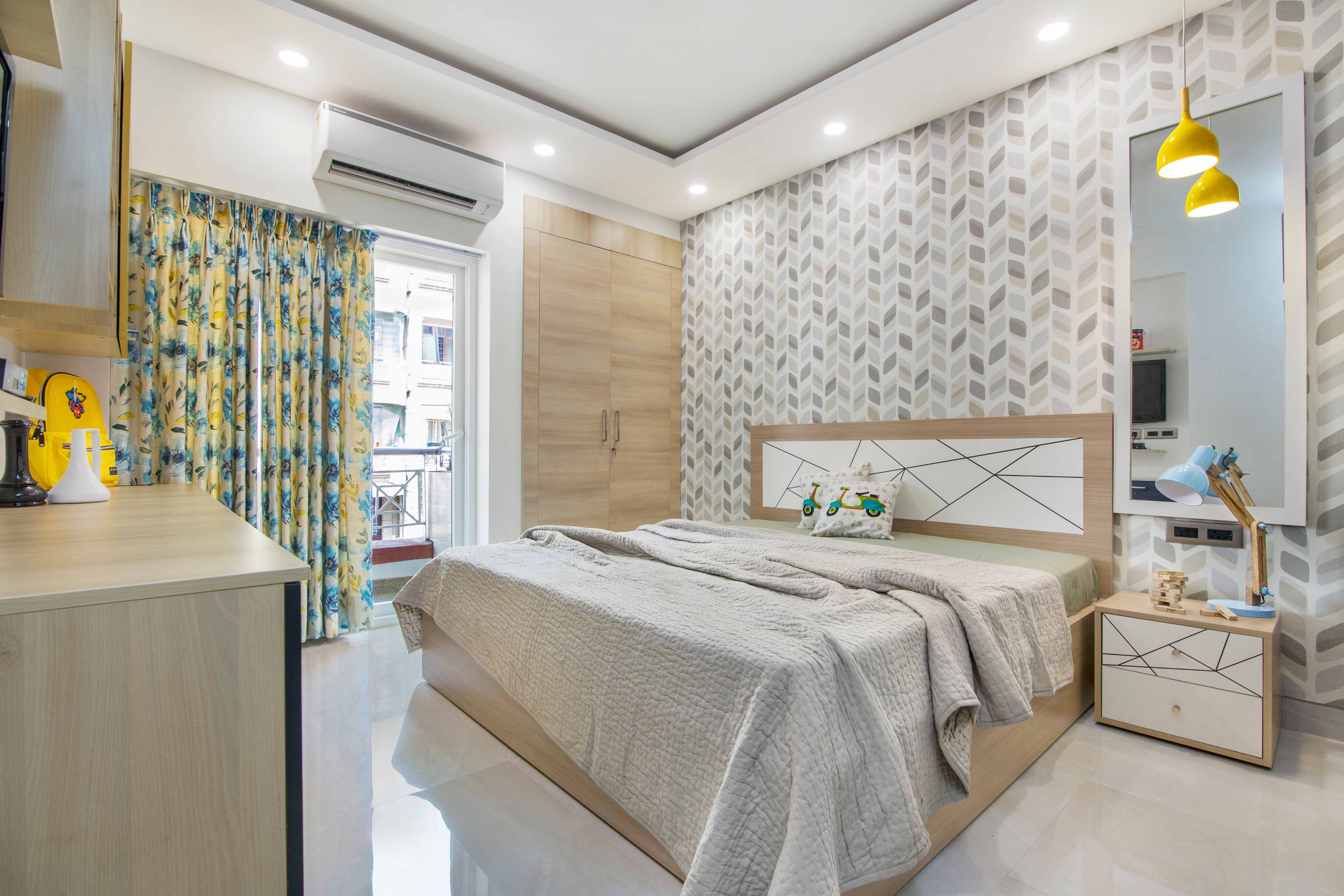 Multicoloured Patterened Bedroom Wallpaper Design | Livspace
