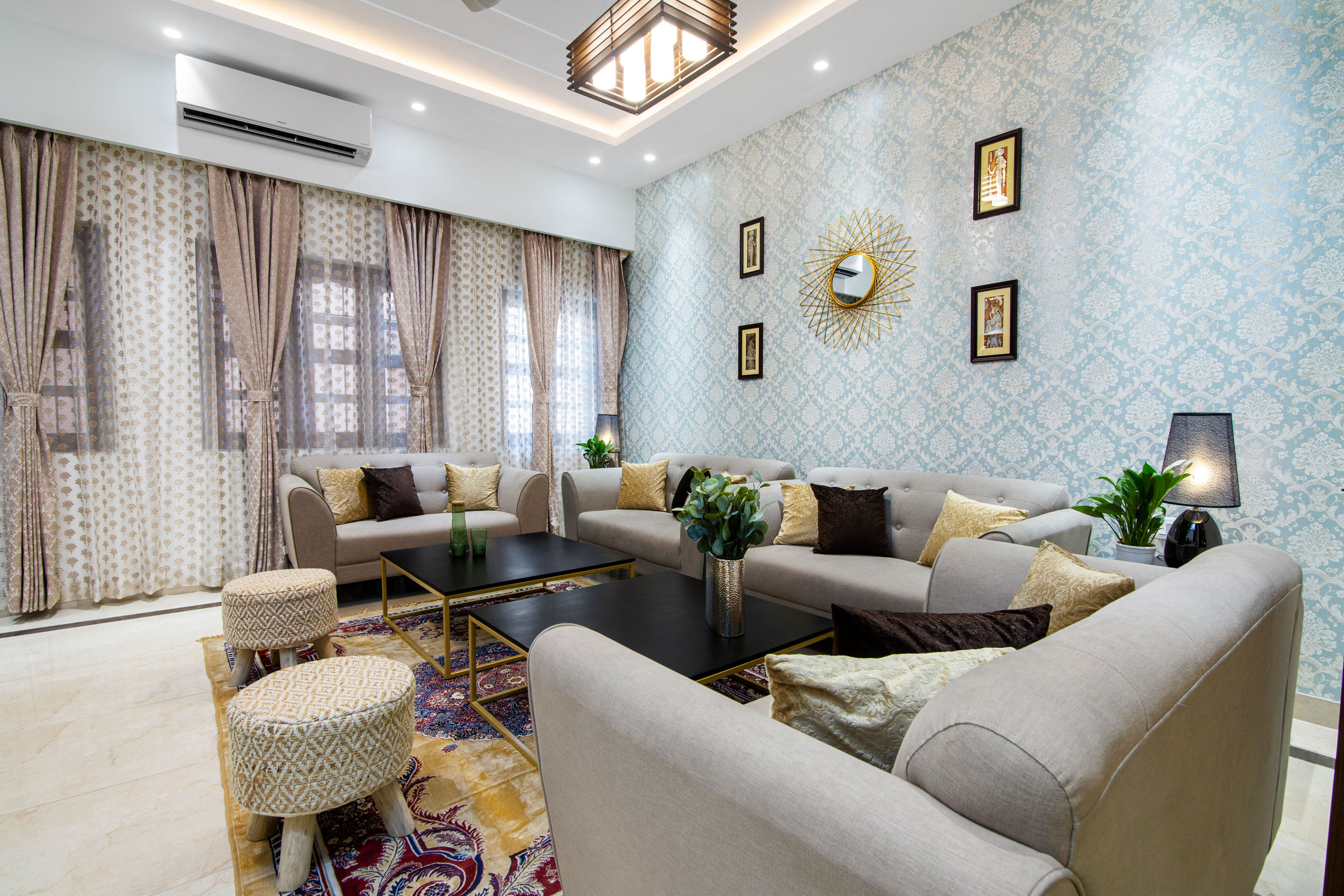 Blue And White Art Deco Living Room Wallpaper Design | Livspace