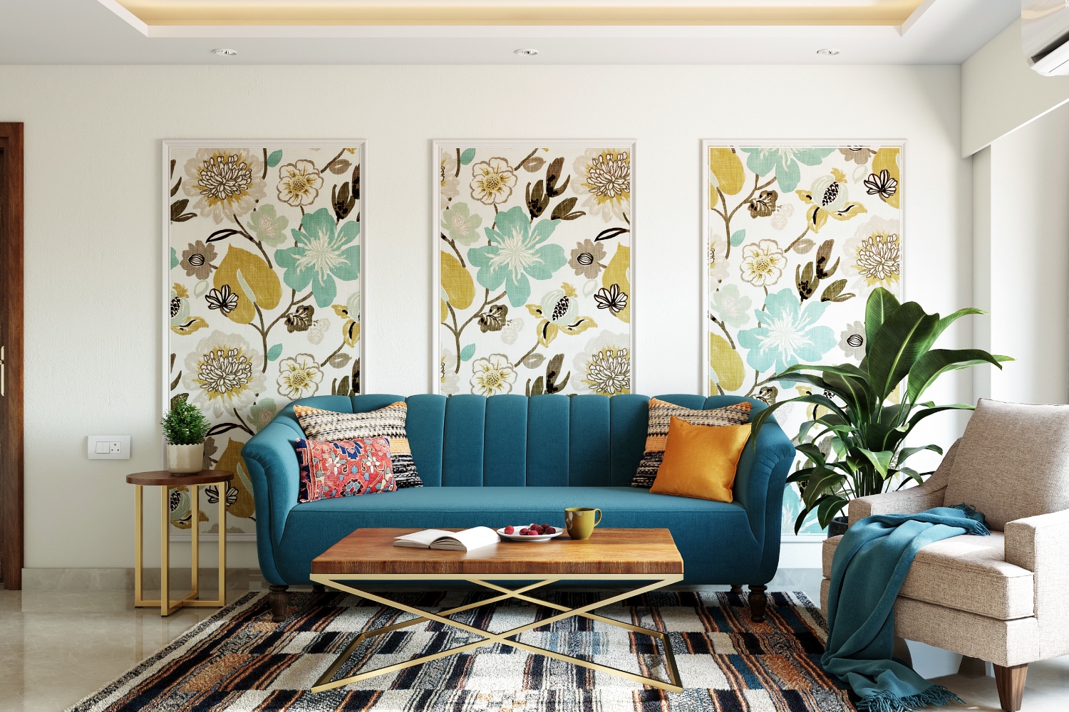 Floral Multicoloured Living Room Wallpaper Design | Livspace