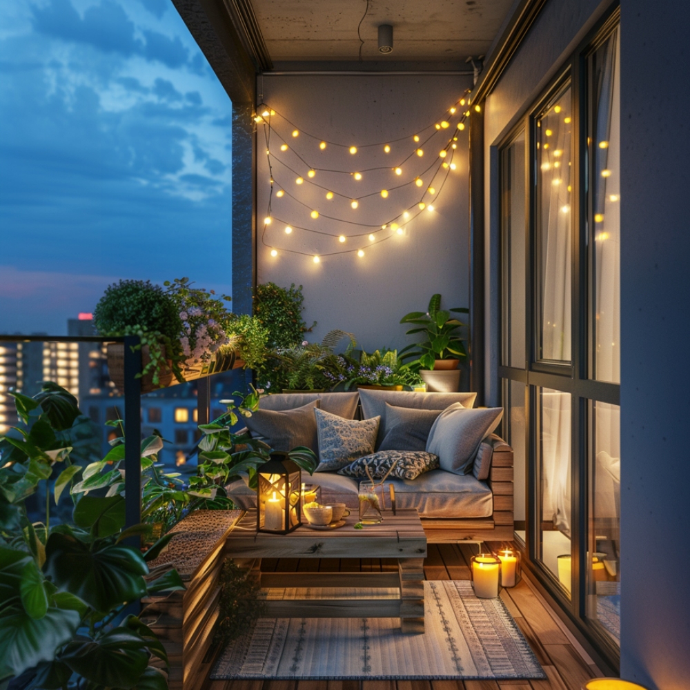 Charming Balcony Design: Rustic Style with Wooden Sofa and Plants ...