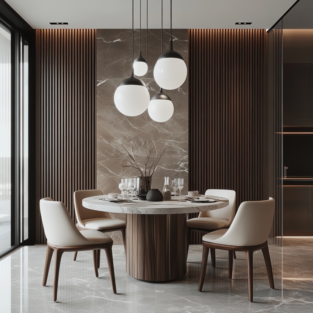 Contemporary Dining Room Design with Marble Table, Accent Wall, and ...