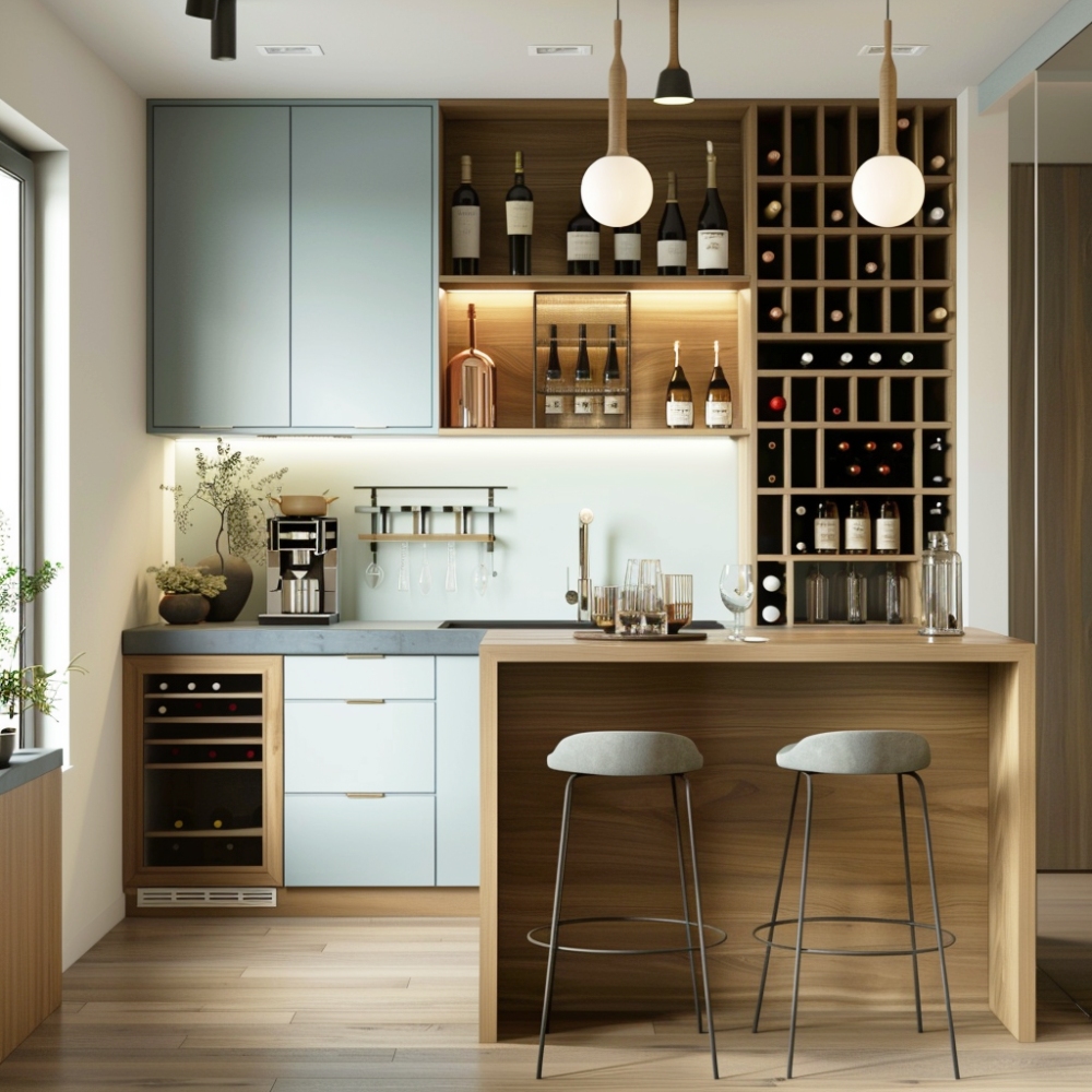Stylish Scandinavian Home Bar Design with Wine Cooler and Shelving ...