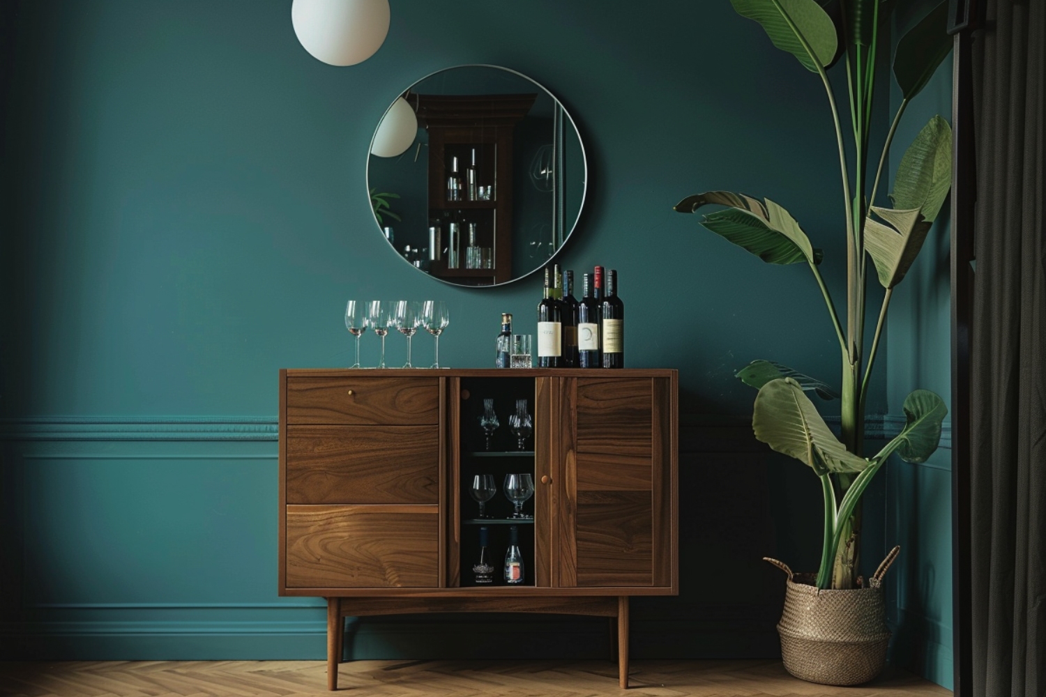 Mid-Century Modern Home Bar Design with Console Storage for Bottles and ...