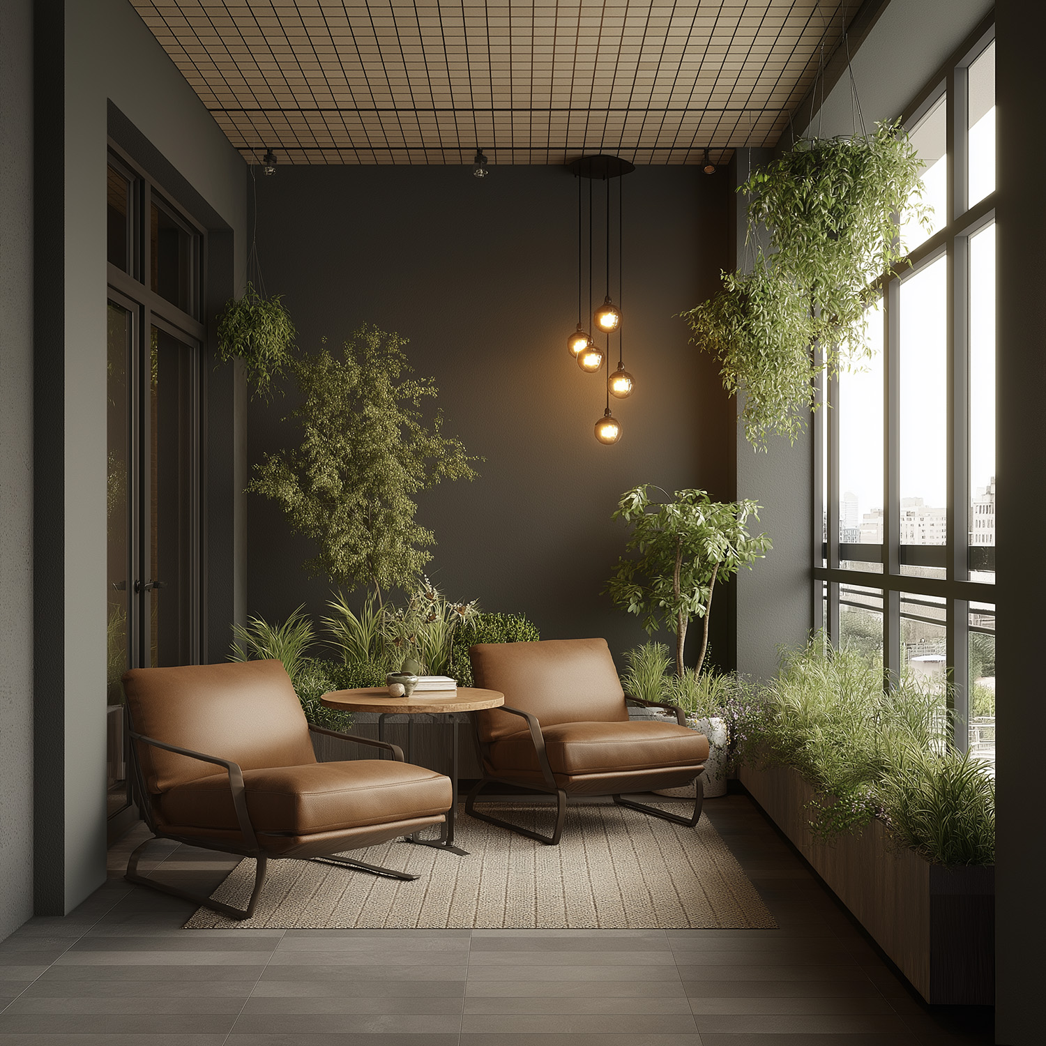 Modern Balcony Design with Charcoal Wall and Leather Armchairs | Livspace