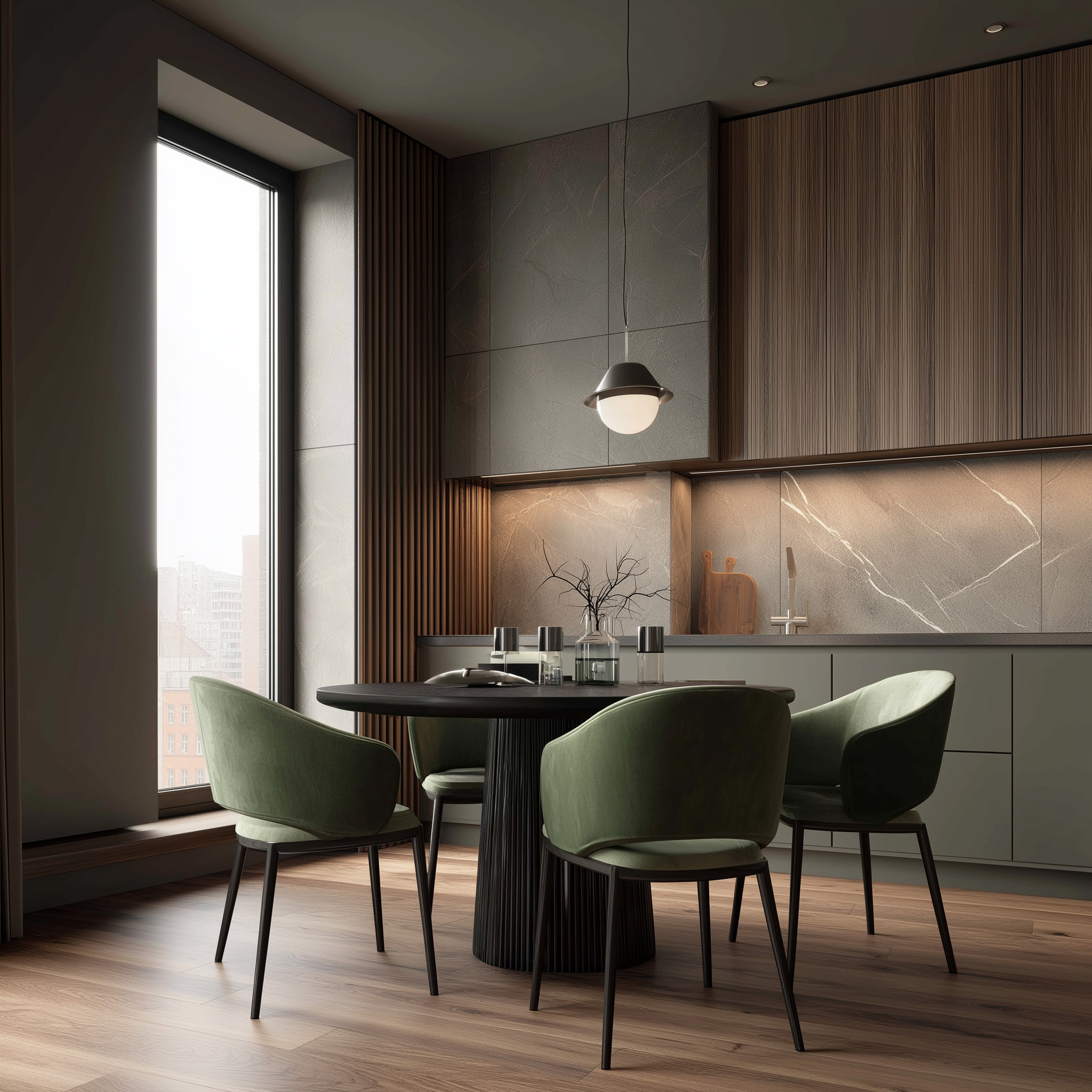 Dining Room Design with Modern Green Velvet Chairs and and Round Black ...