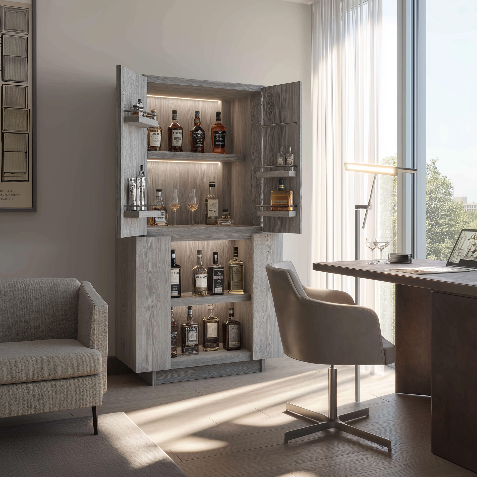 Light Grey Minimal Home Bar Design with Door-Mounted Racks and Open ...