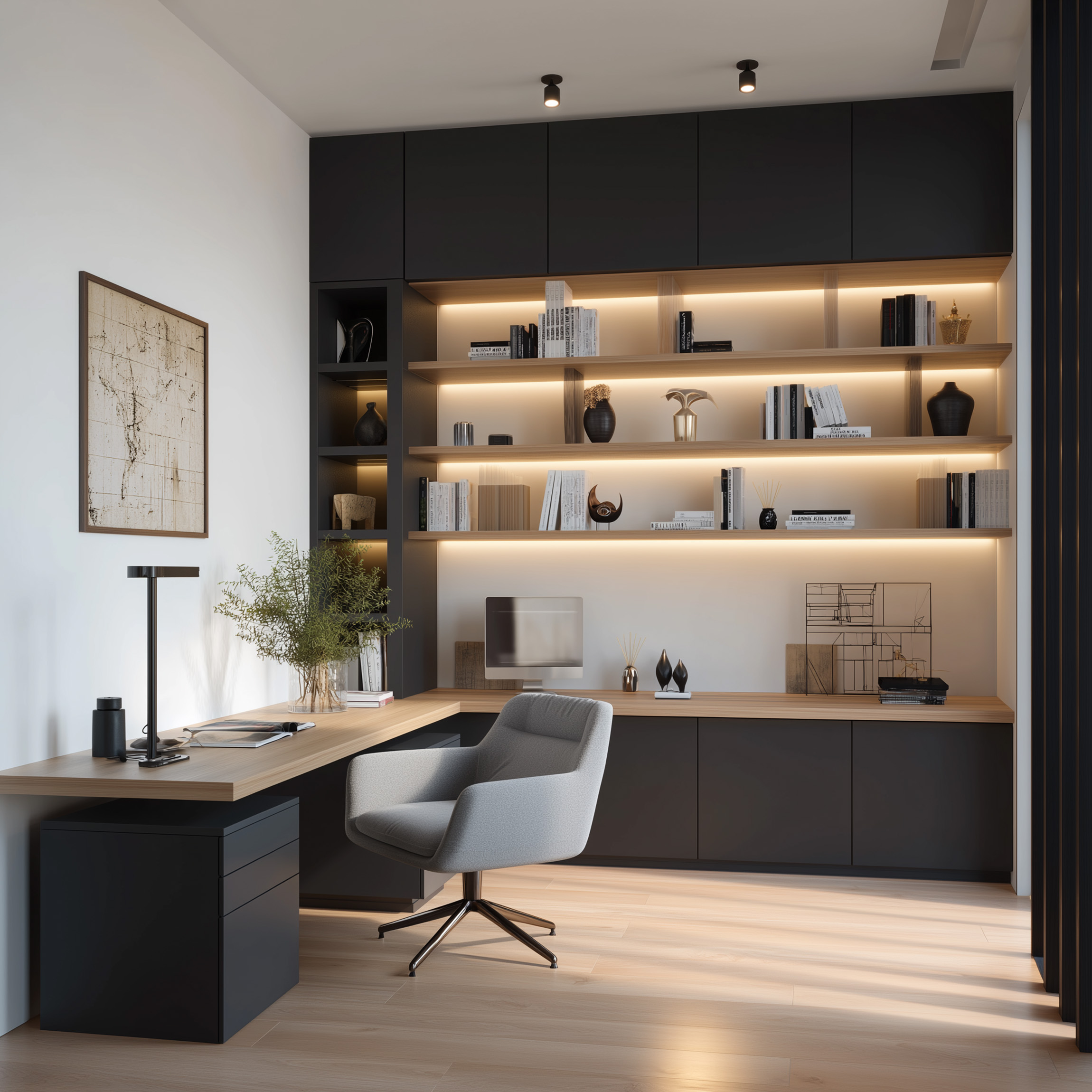 Wood and Grey Modern Home Office Design with L-Shaped Desk and Black ...
