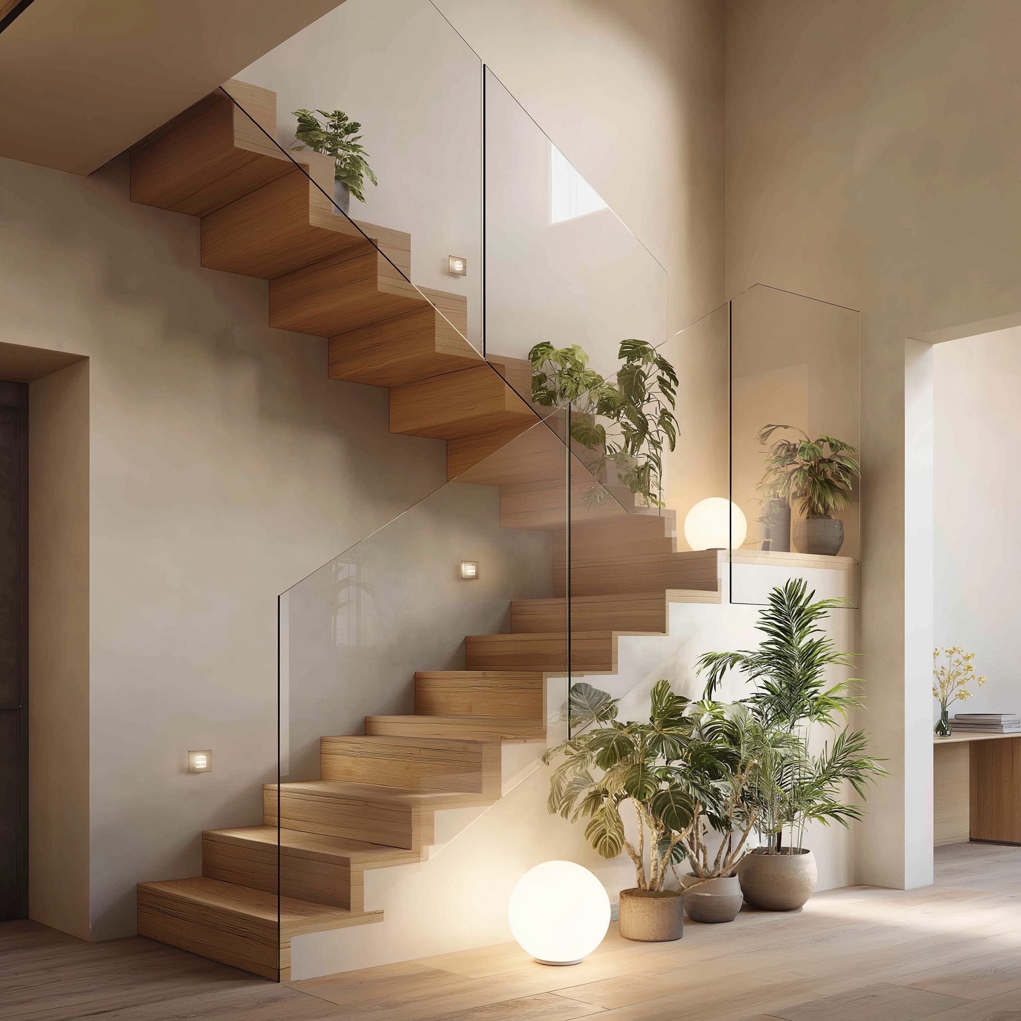Wood and Glass Minimal L-Shaped Staircase Design | Livspace