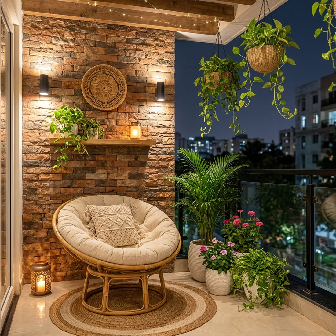 Boho Balcony Design featuring Hanging Planters and Glass Railing | Livspace