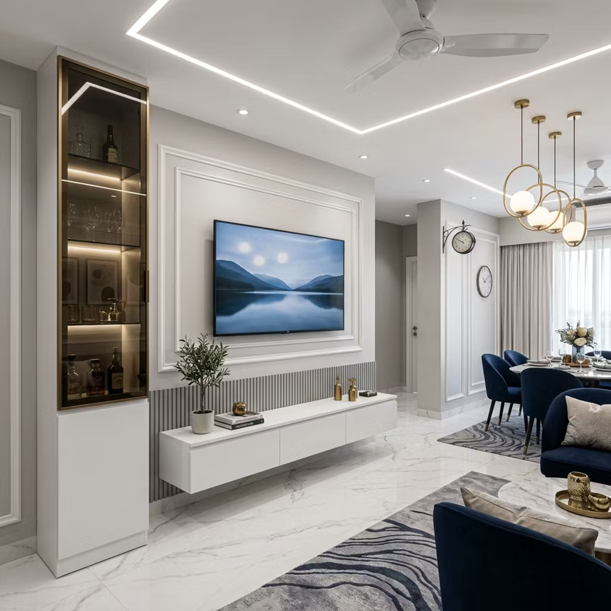 Classic White TV Unit Design with Fluted Panels and Glass Cabinets ...