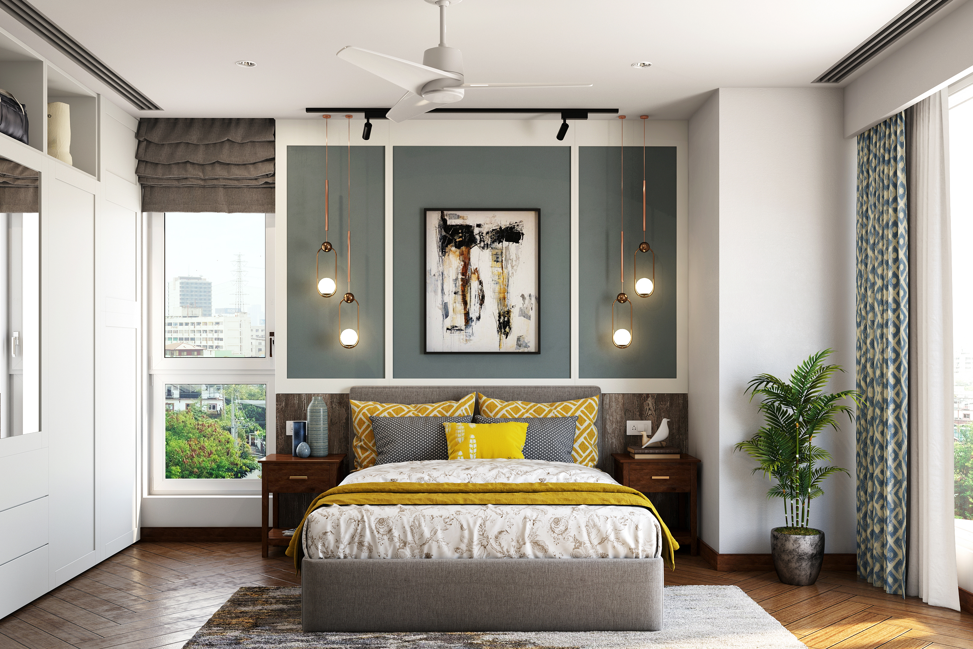 Modern Bedroom With Grey Backdrop And White Wardrobe Design | Livspace