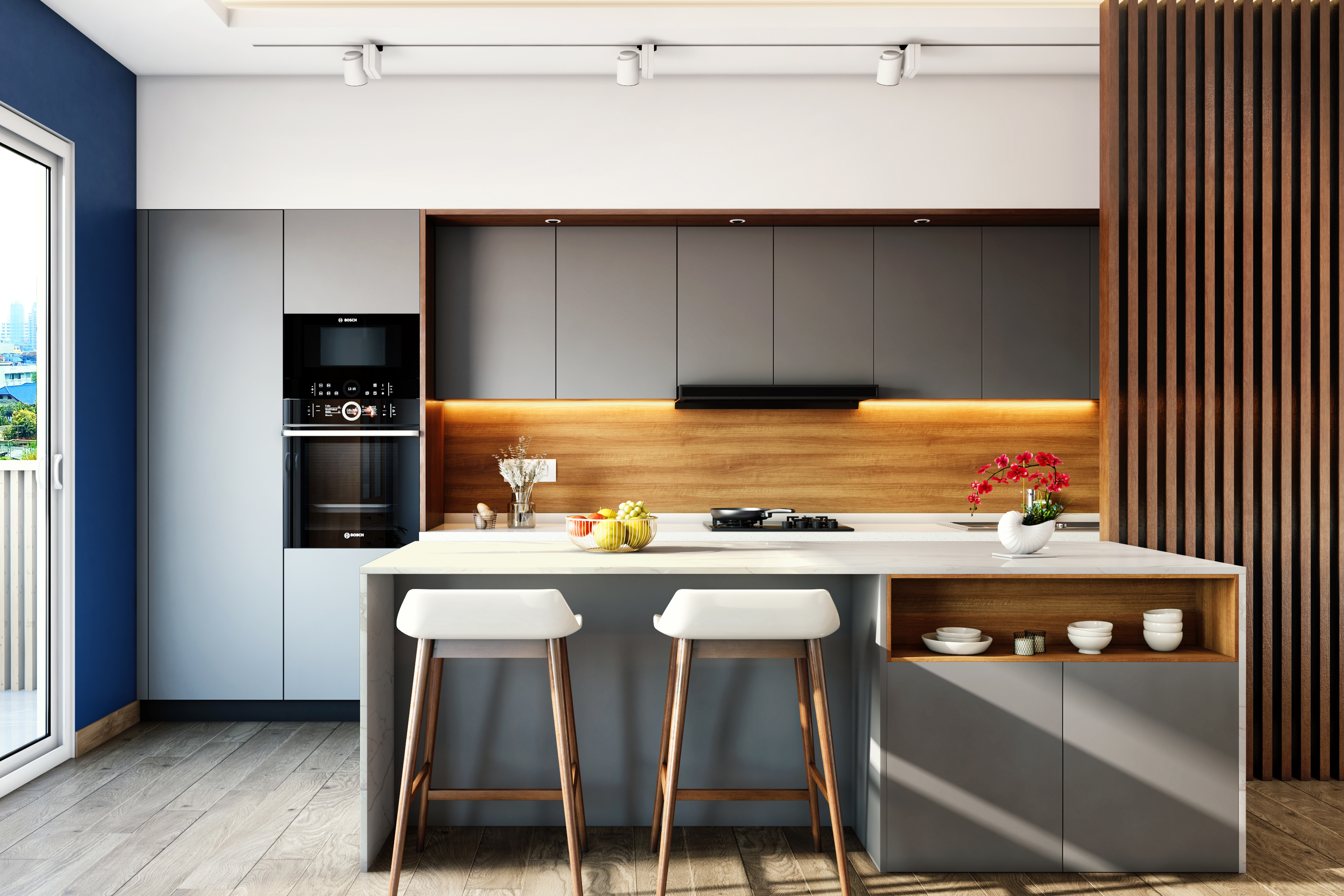 Modern White And Wood Kitchen Design With Grey Cabinets | Livspace