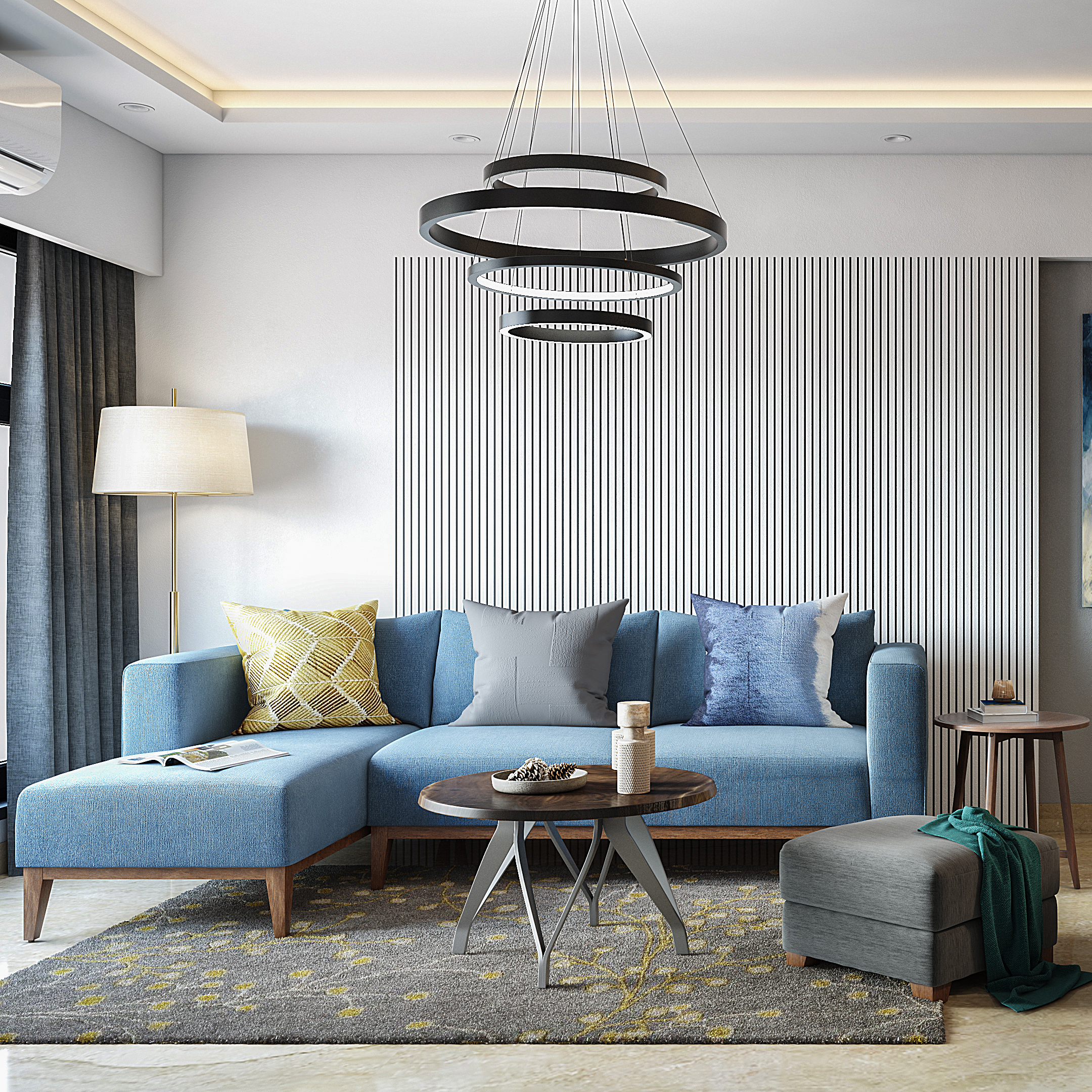 Modern Blue Living Room Design With L-Shaped Sofa | Livspace