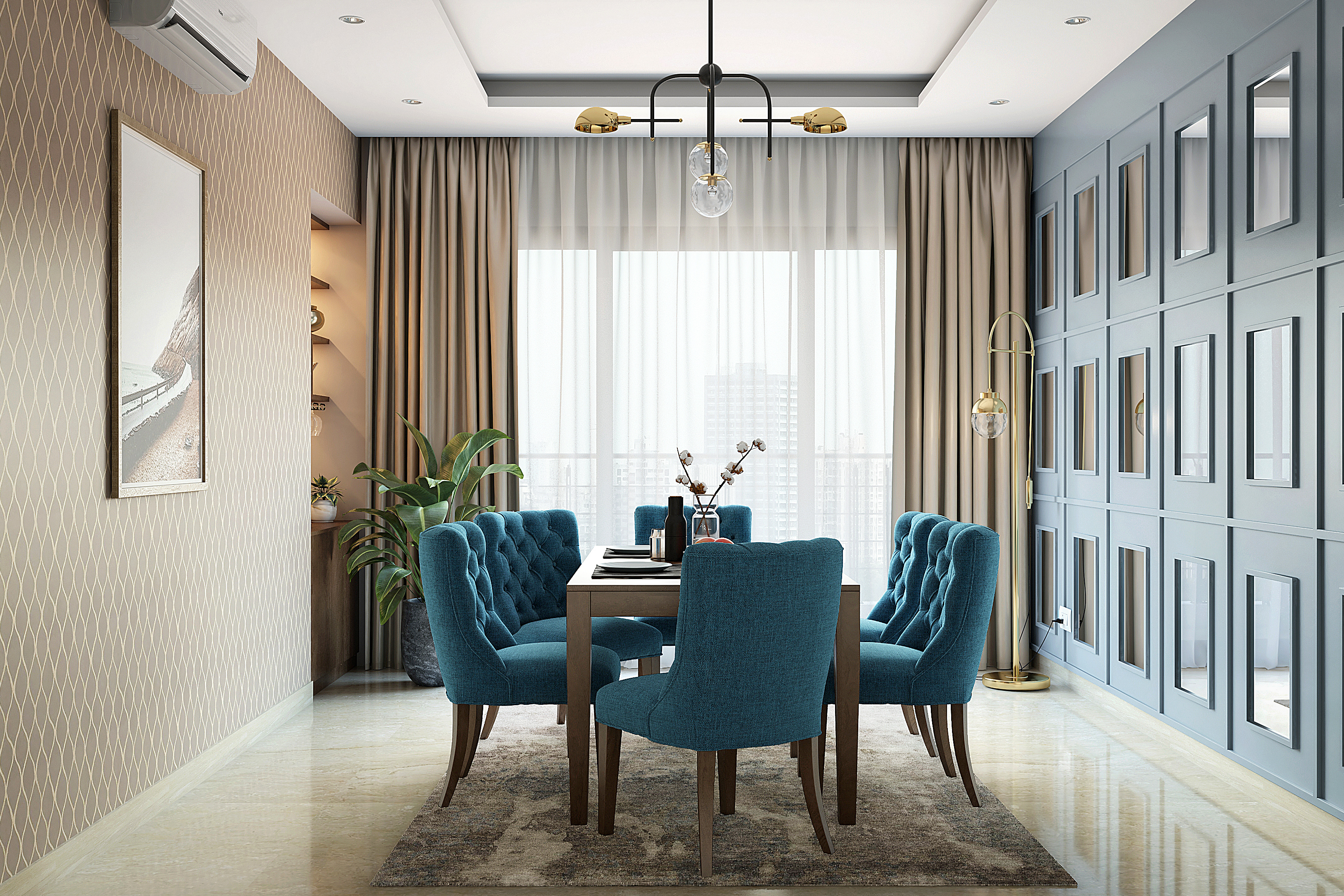 Spacious Blue And Wood Dining Room Design | Livspace