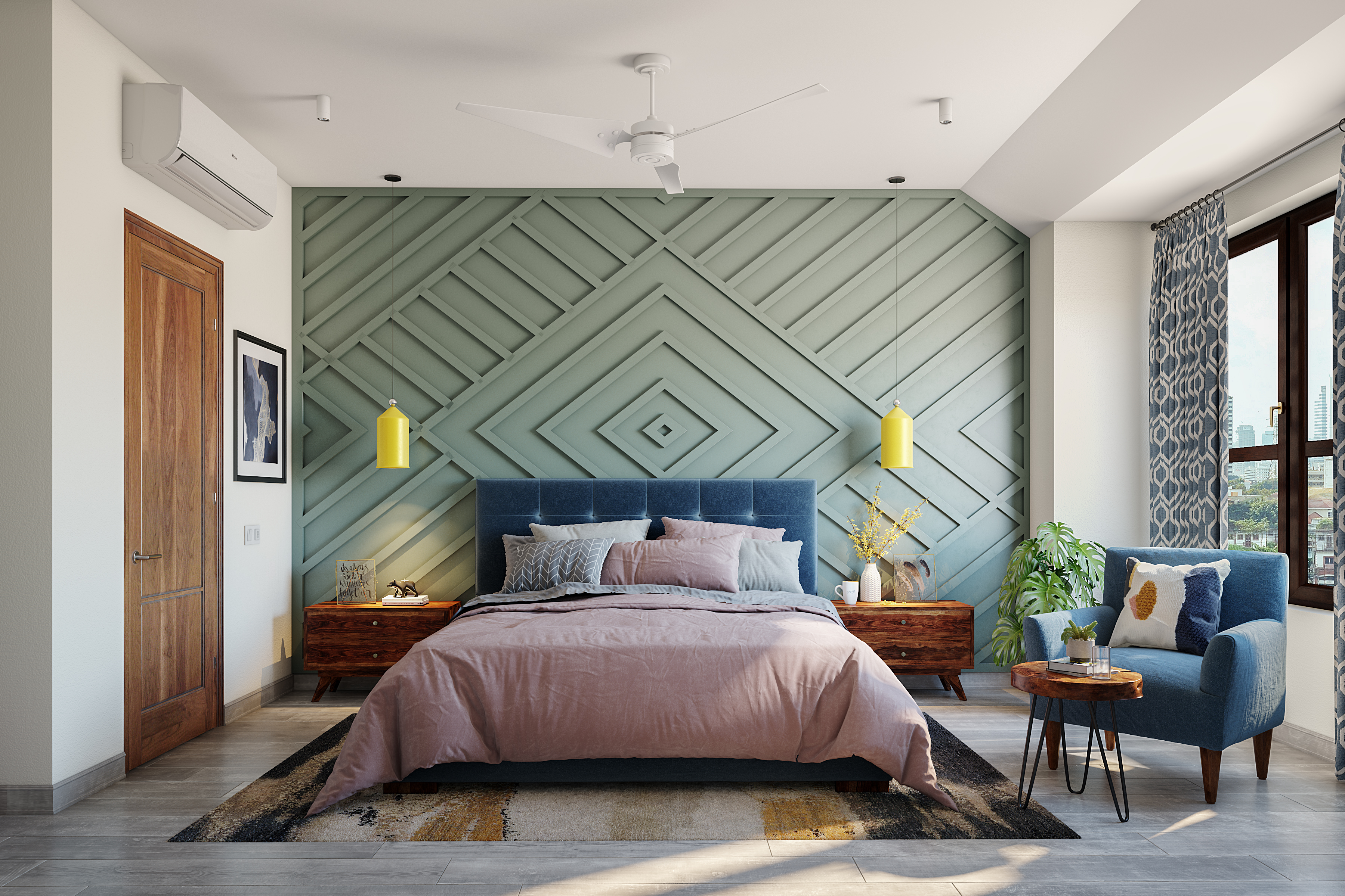 Compact Master Bedroom Design With Modern Vibrant Decor | Livspace