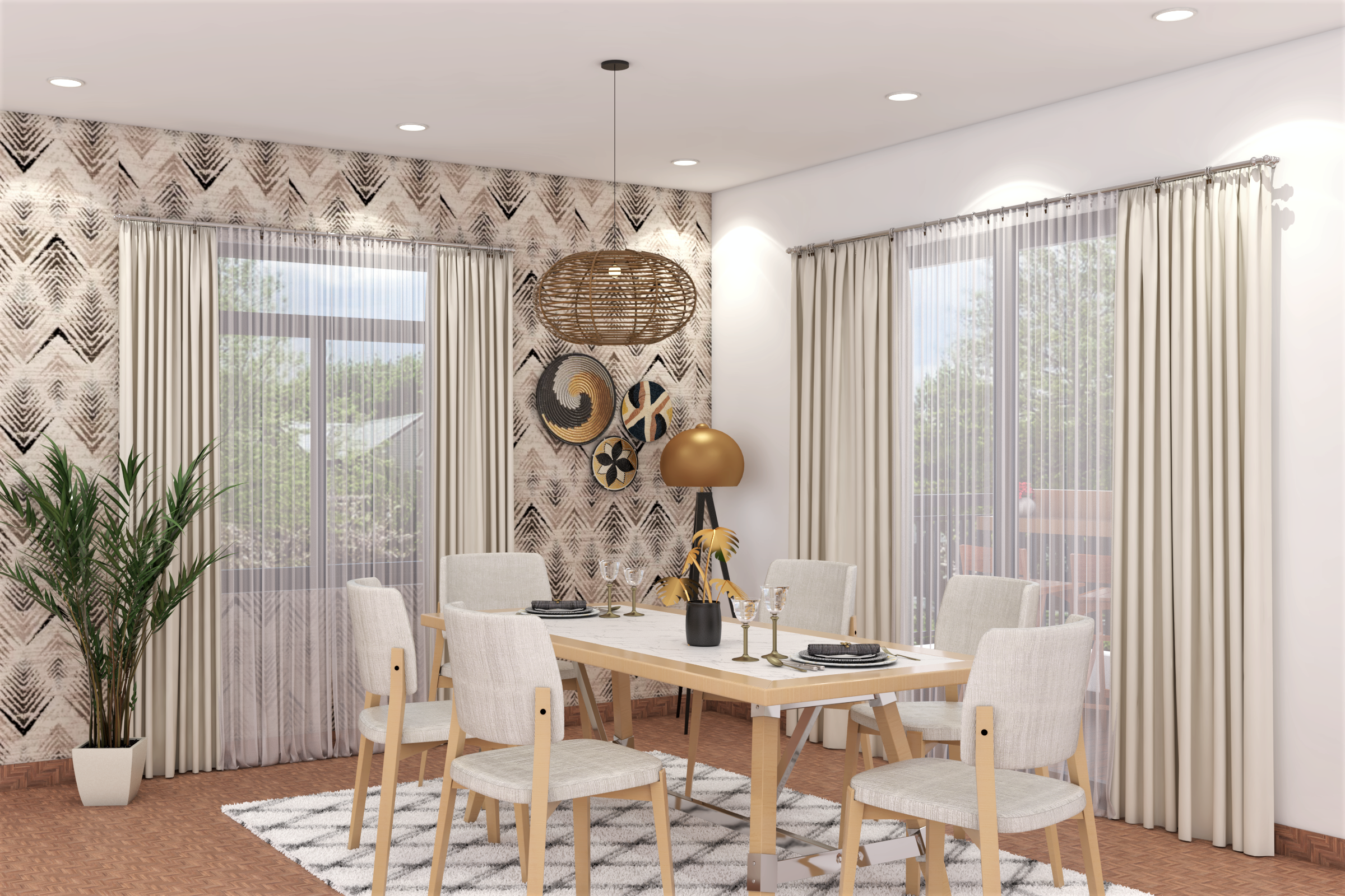 Bohemian Spacious 6-Seater Dining Room Design with Pendant Light | Livspace