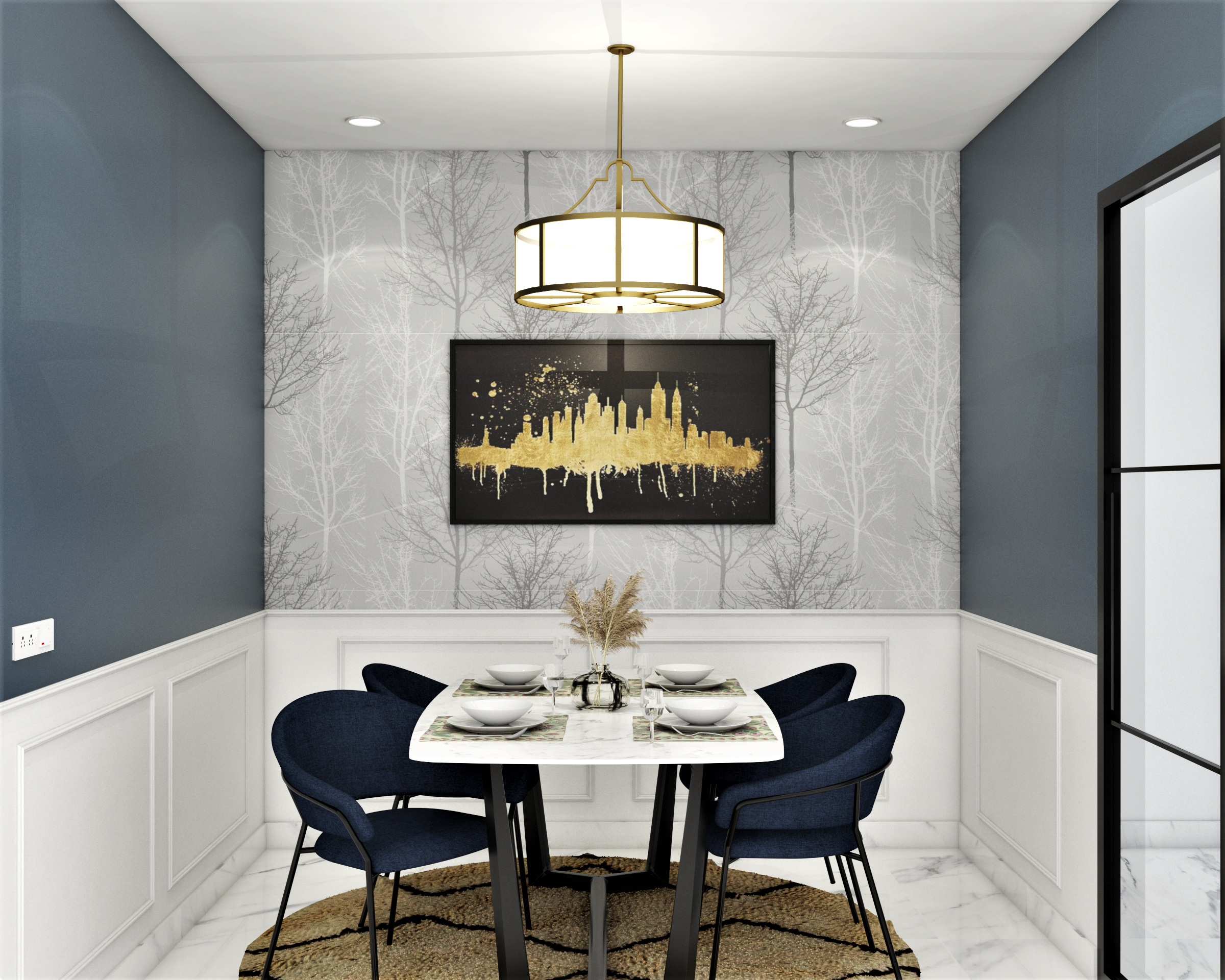 Compact 4-Seater Dining Room Design Idea with Abstract Wallpaper | Livspace