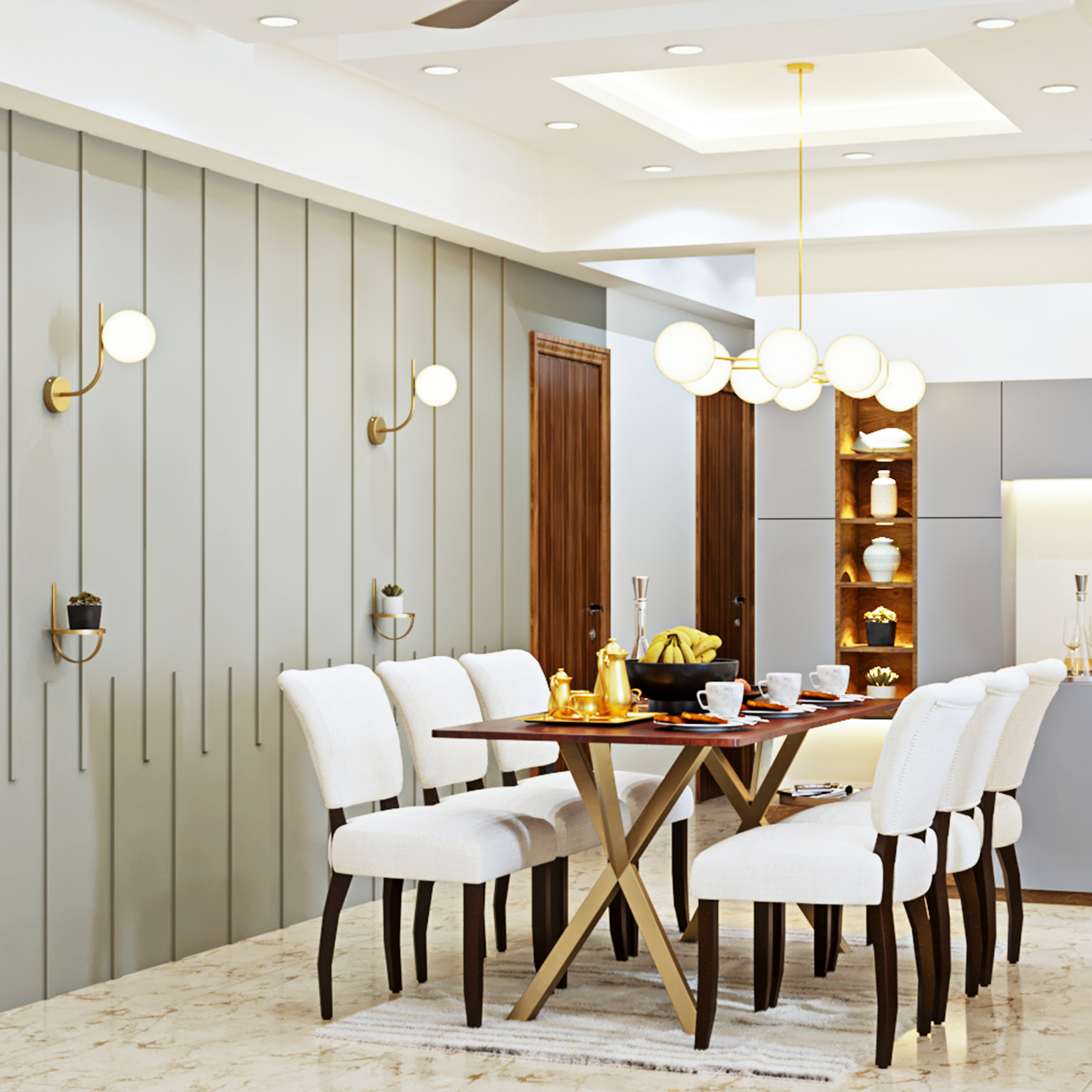White Minimal 6-Seater Dining Room Design with Crockery Unit | Livspace