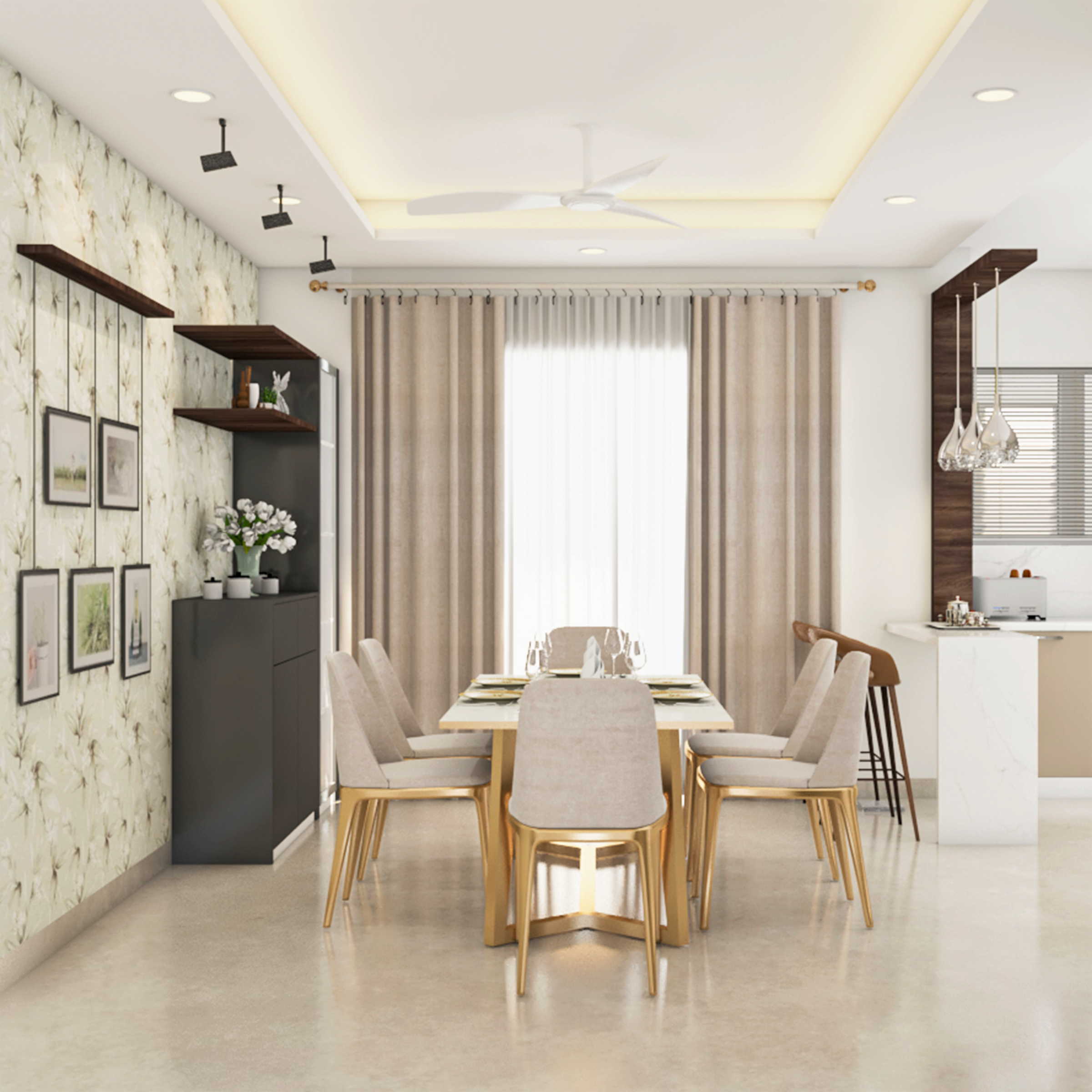 Spacious 6-Seater Dining Room Design with Focus Light | Livspace