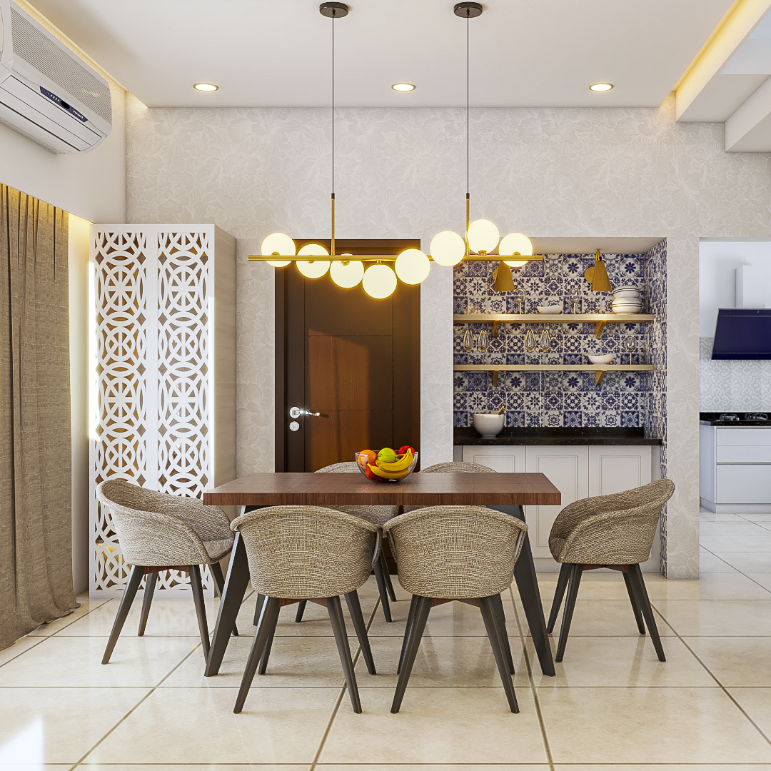 Classic 6-Seater Dining Room Design Idea with Drop Lights and Unit ...