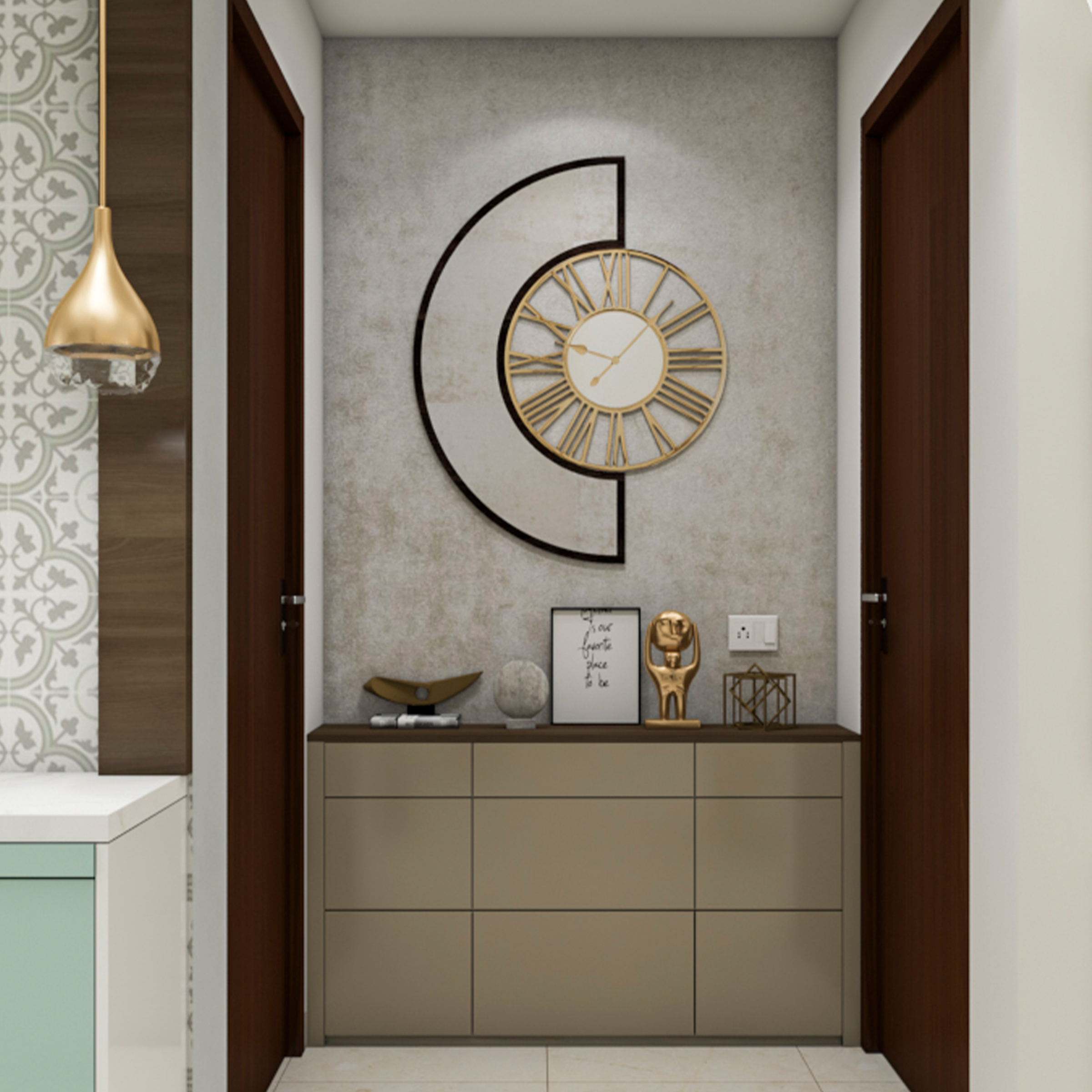 Rustic Compact Grey Entrance Foyer Design Idea with Storage Unit | Livspace