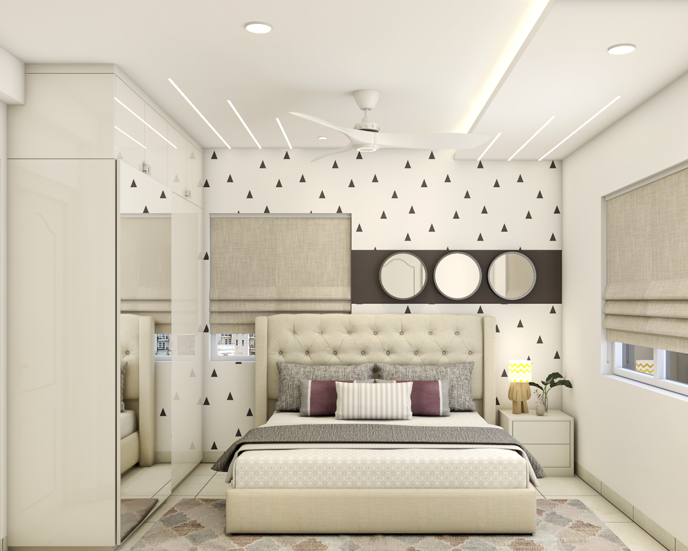 Compact Bedroom with Multiple Mirrors and Beige Tufted Headboard | Livspace