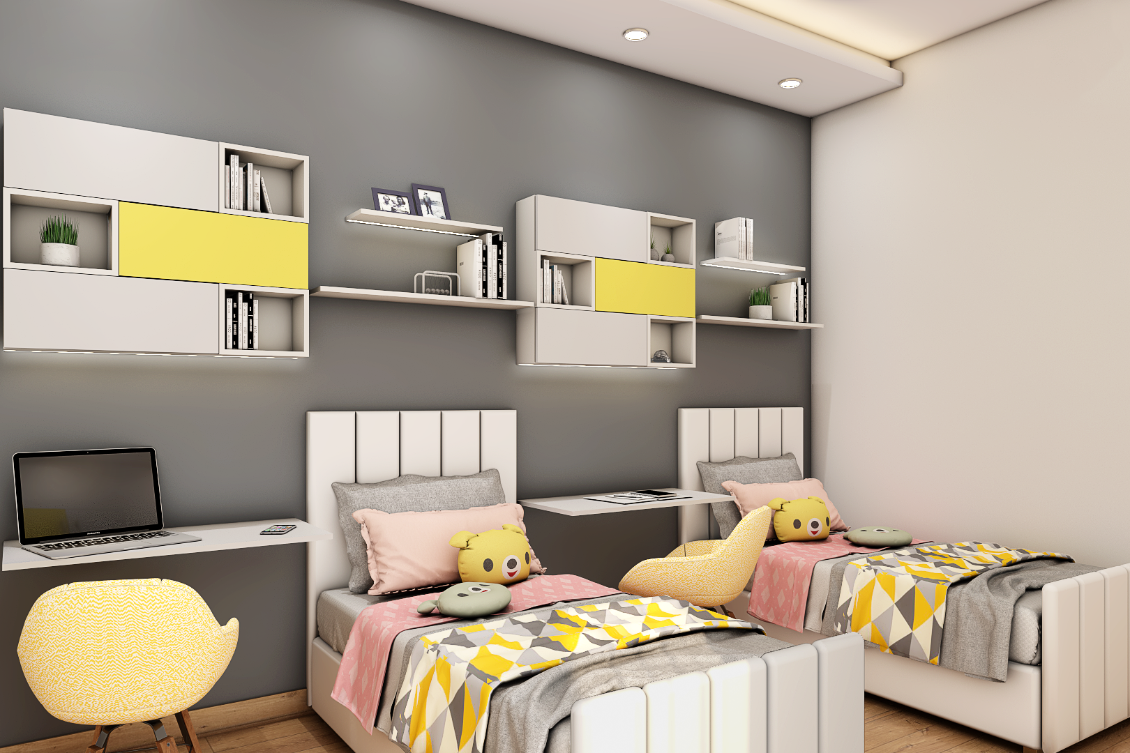 Kids Bedroom with Twin Beds, Study and Storage Units | Livspace