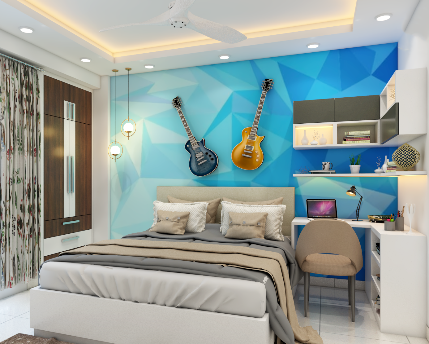Modern Bedroom with Guitars and Oceanic Blue Accent Wall | Livspace