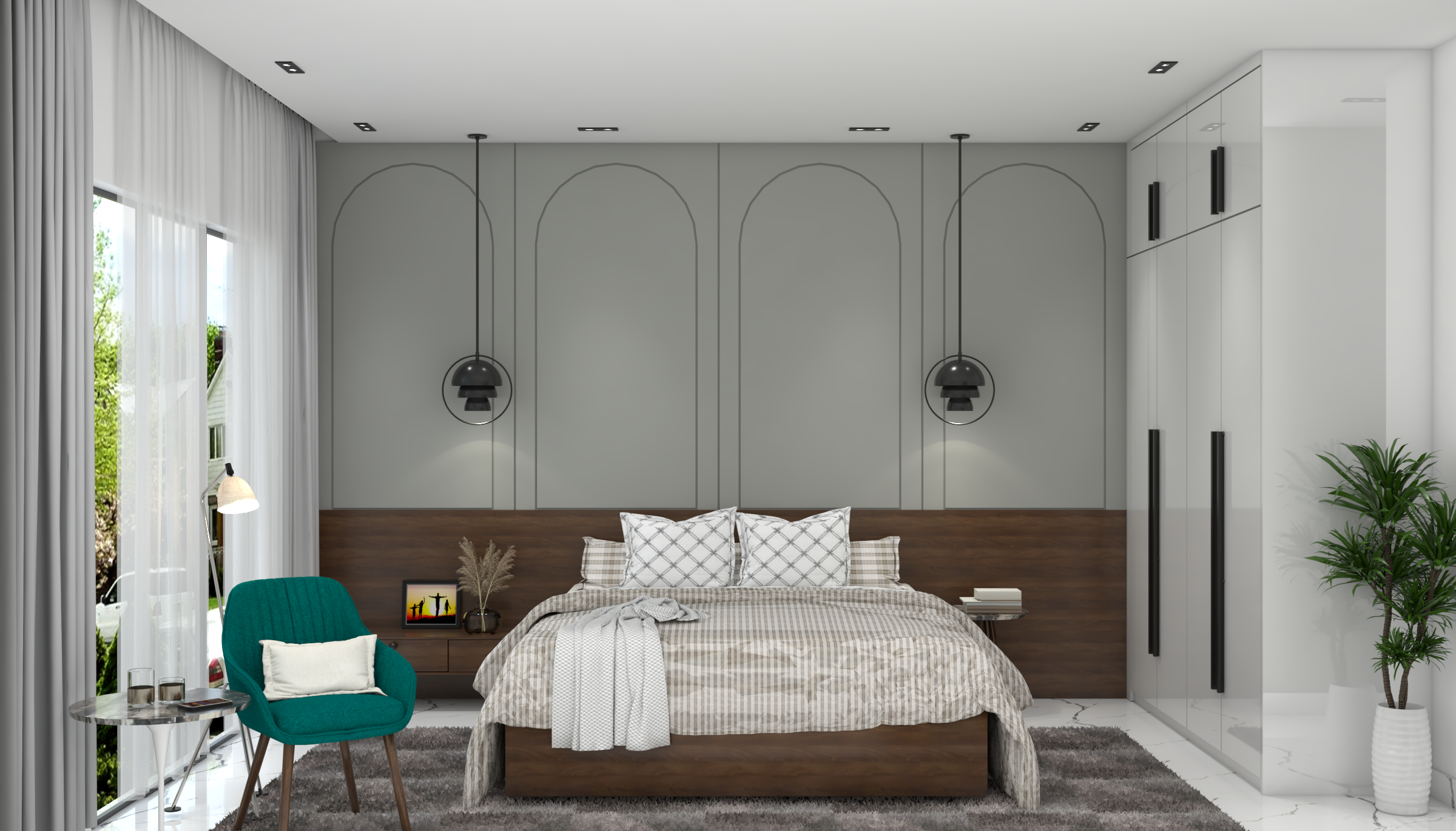 Spacious Bedroom with Grey Accent Wall and Wooden Paneling | Livspace