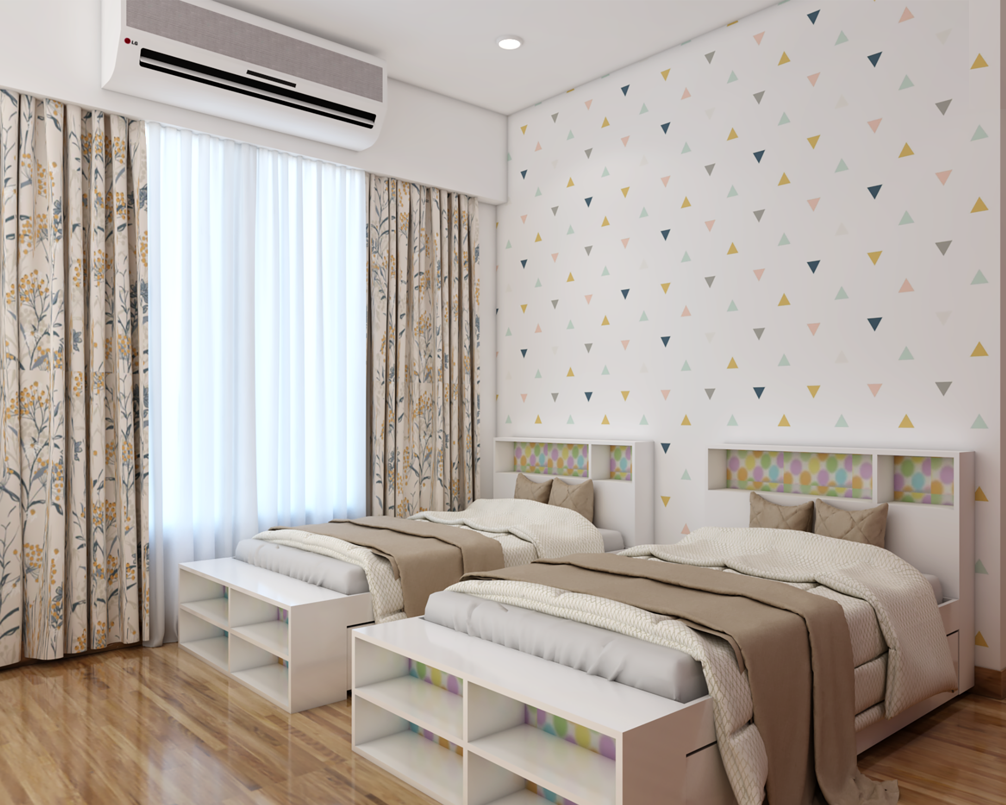 Kids Bedroom with Twin Beds, Storage Unit, and Toy Corner | Livspace