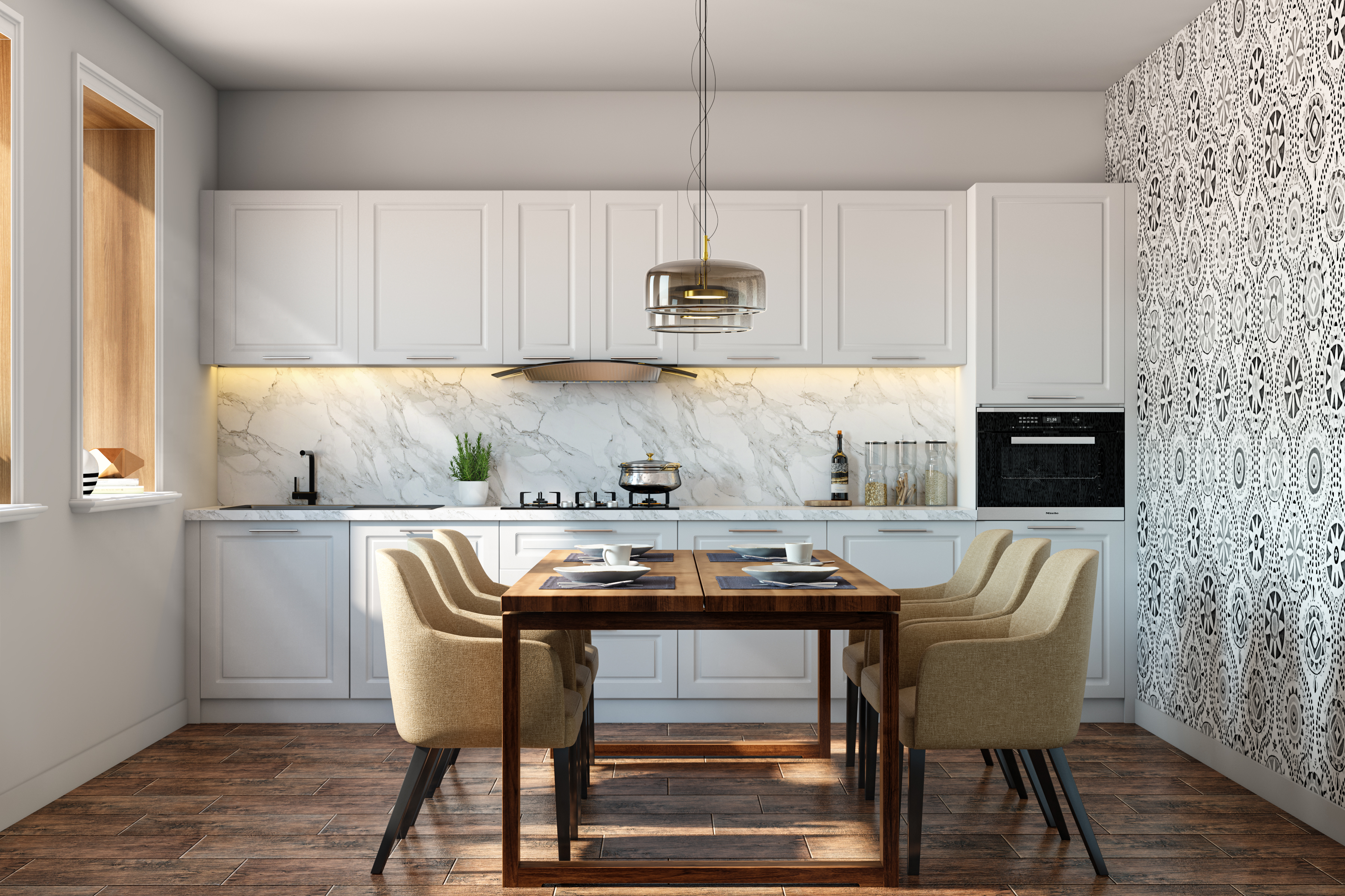 Premium Kitchen with Pure White Cabinets and Light Wooden Flooring ...