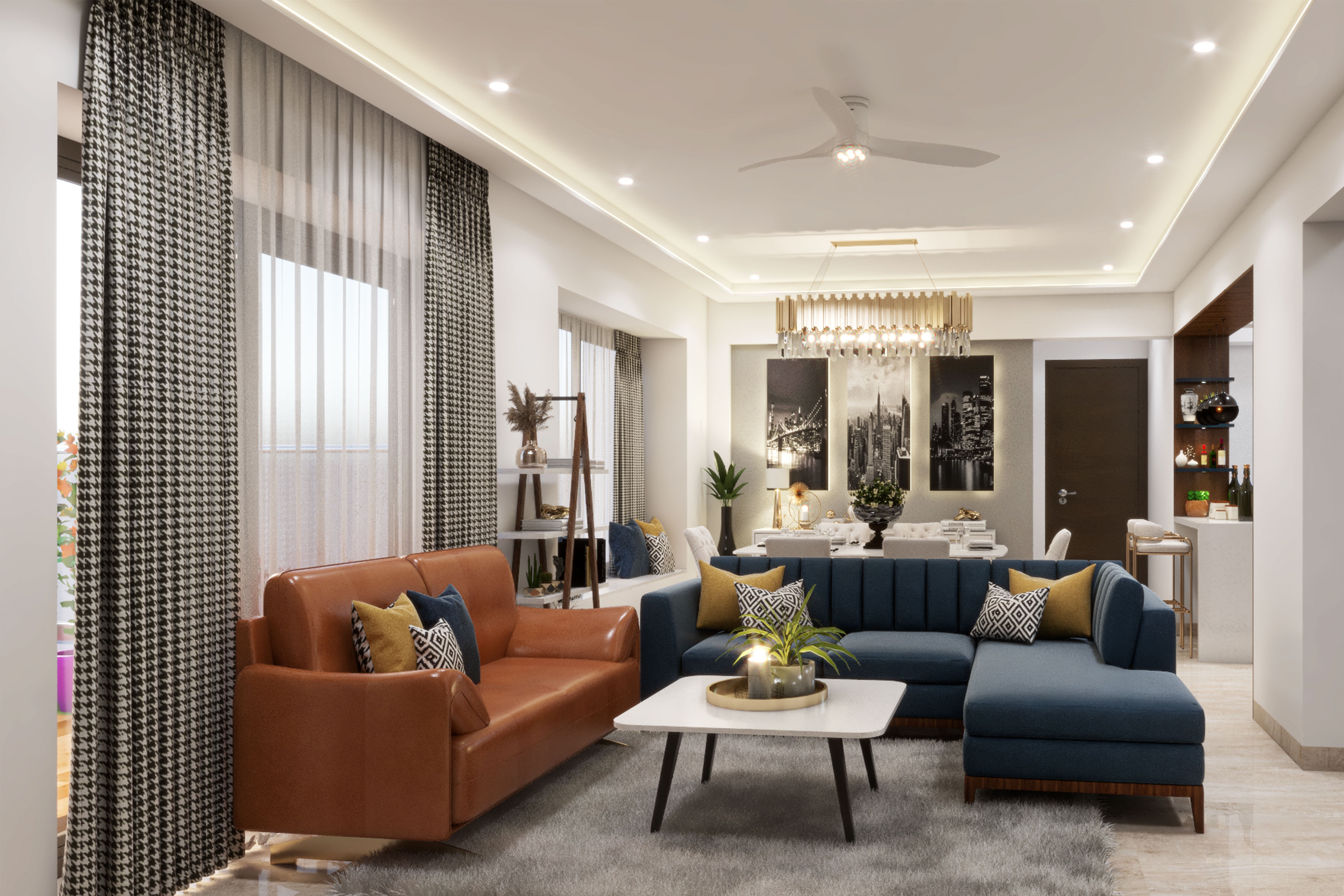 Modern Compact Living Room Design with Leather Sofa and L-shaped Blue ...