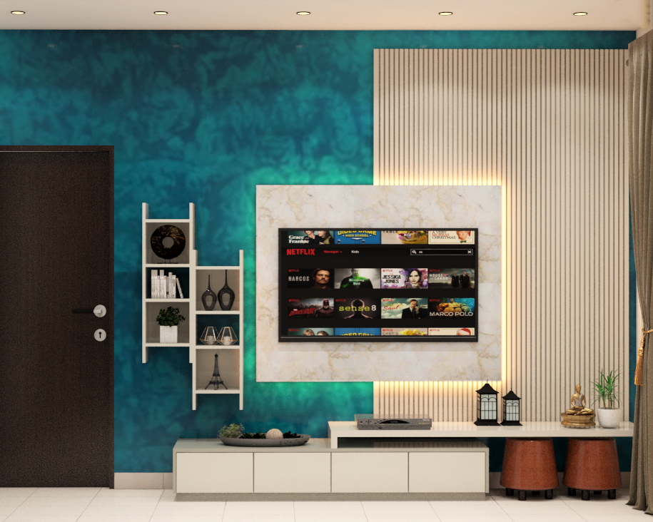 Modern Compact Living Room Design with Blue Wall and Panelling | Livspace