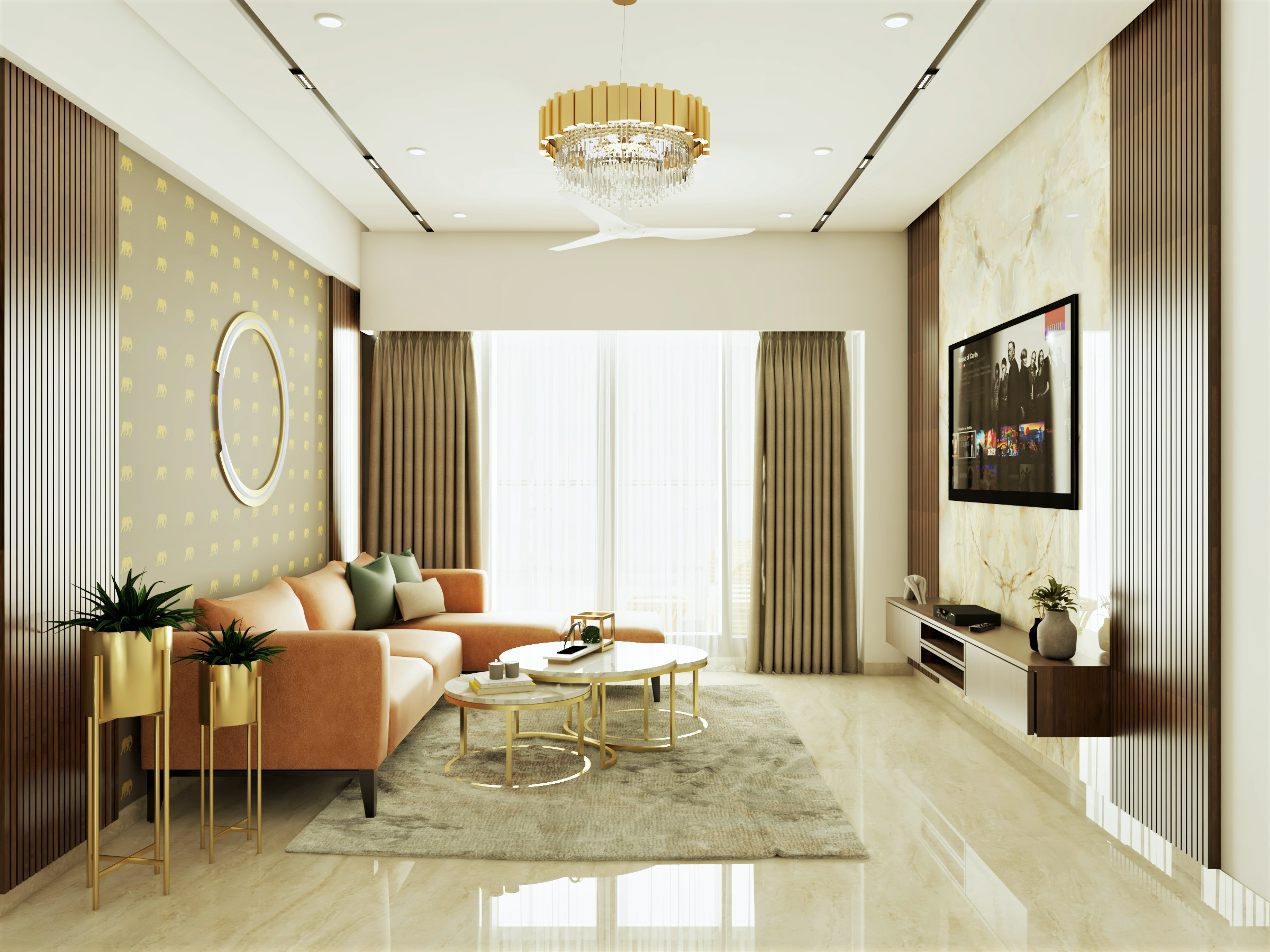 Spacious Contemporary Living Room Design With Marble Finish | Livspace