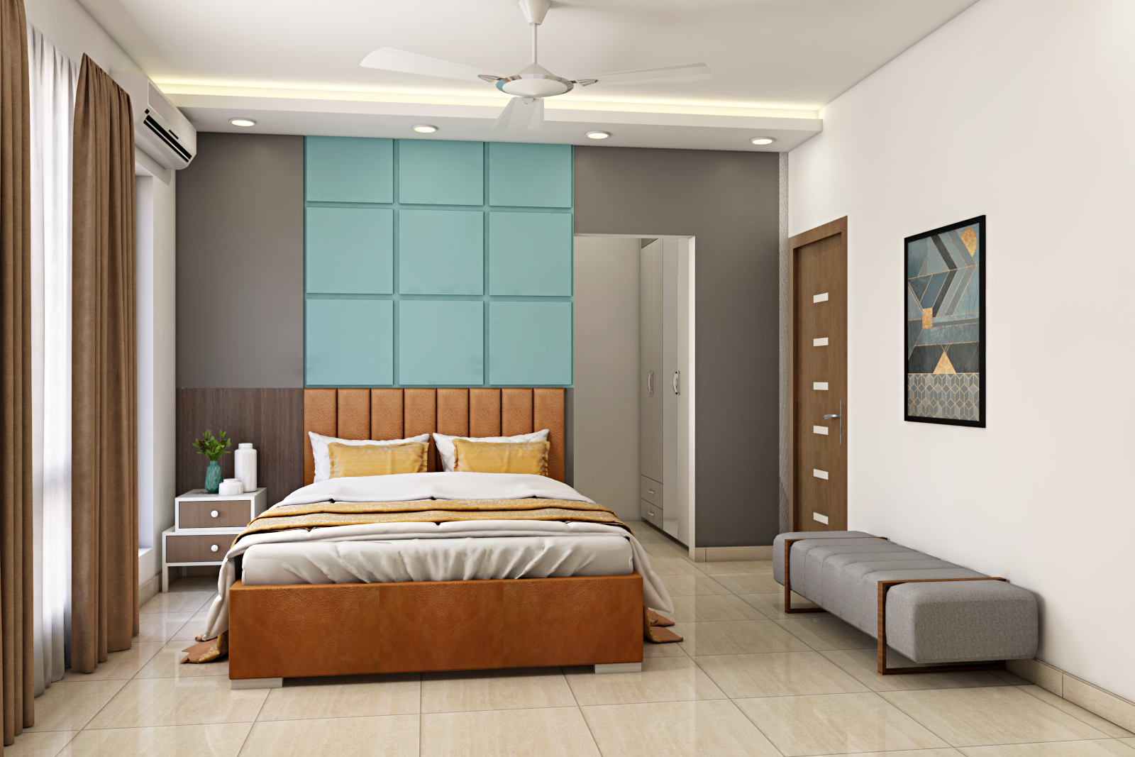 Modern Bedroom with Sky Blue Accent Wall and Multifunctional Areas ...