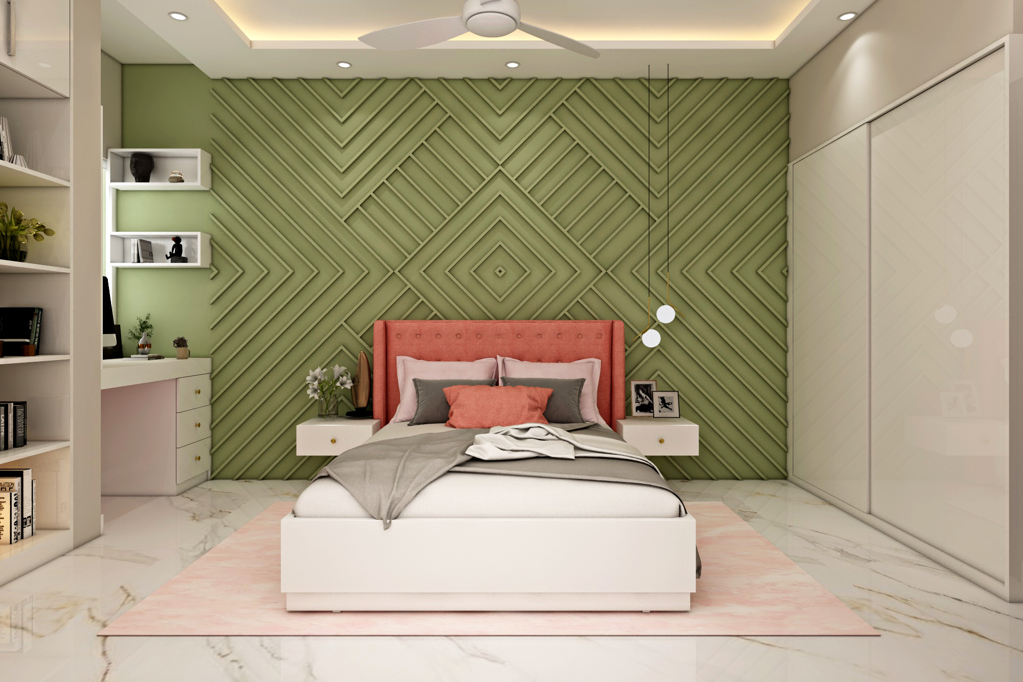 Modern Spacious Master Room With Green Accent Wall | Livspace