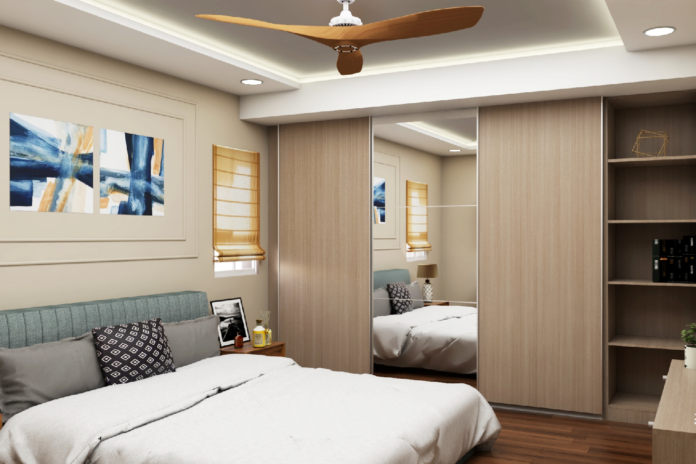 Spacious Beige Master Bedroom Design With Grey Bed Livspace